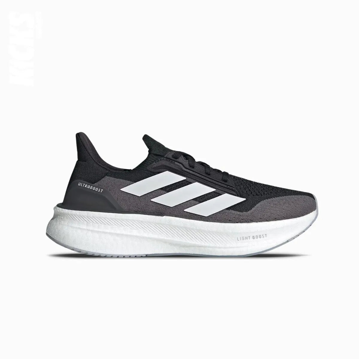A single Adidas Ultraboost 5x replacement shoe lace with a black and white color scheme, featuring the brand's logo.