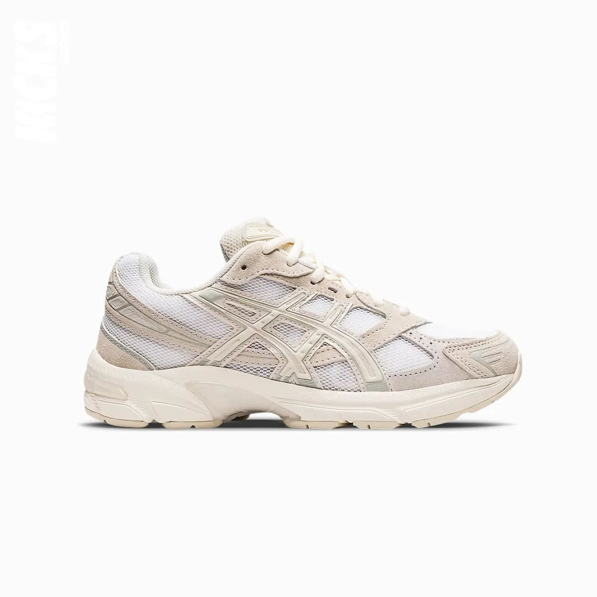 A pair of beige and white Asics GEL-1130 replacement shoe laces on a sneaker.