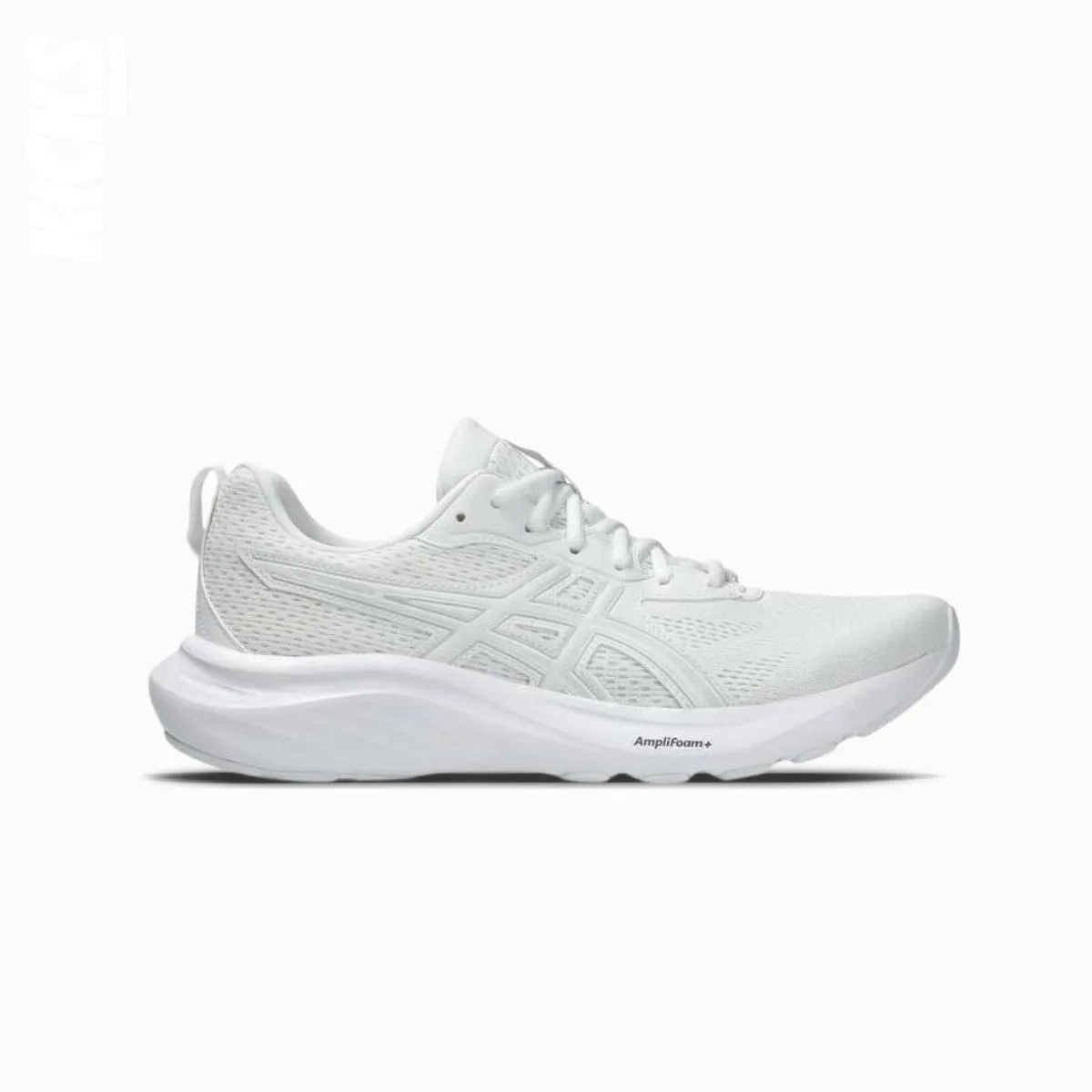 A pair of white Asics GEL-CONTEND 9 replacement shoe laces on a running shoe.