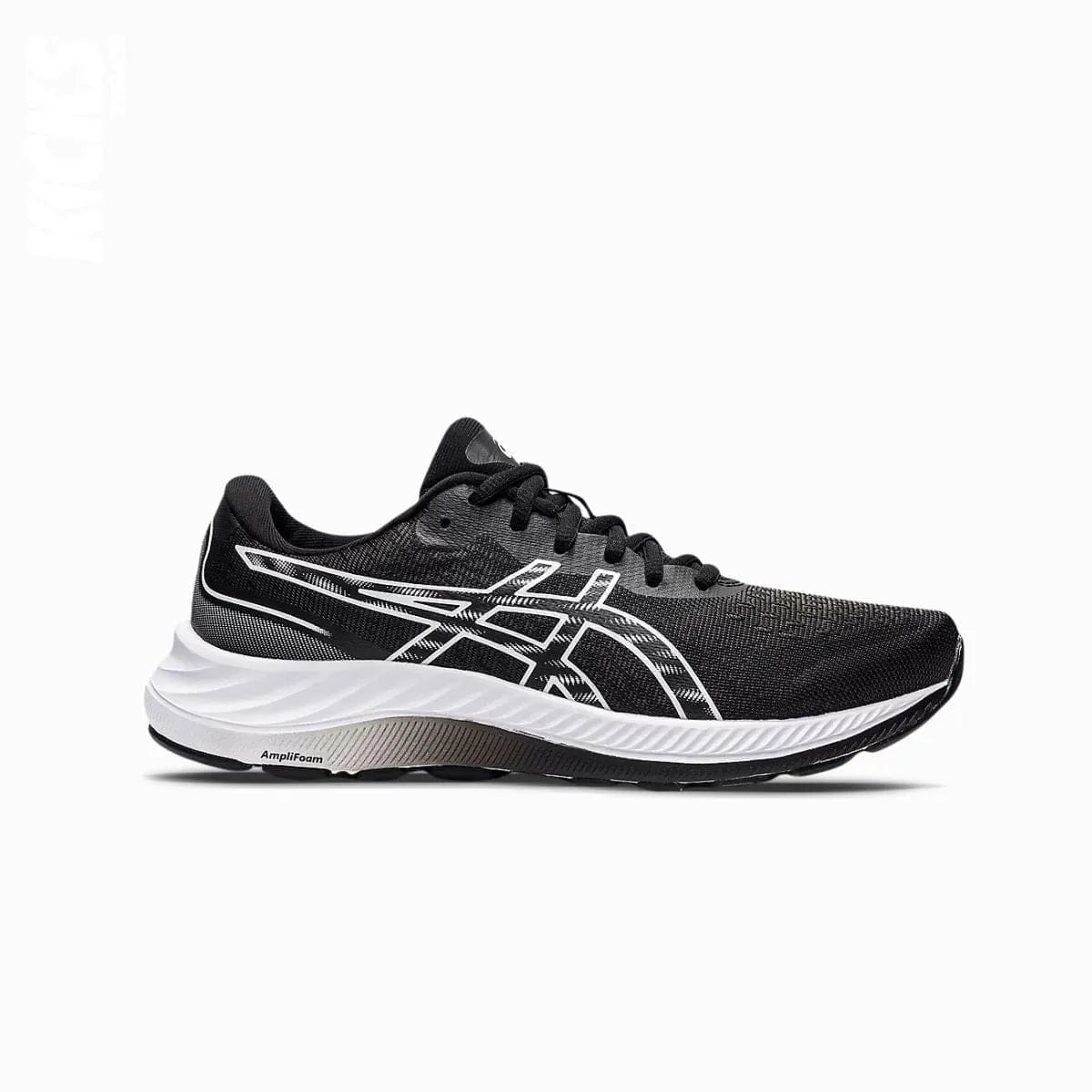 A pair of Asics GEL-EXCITE 9 running shoes with replacement shoe laces in an oval shape.