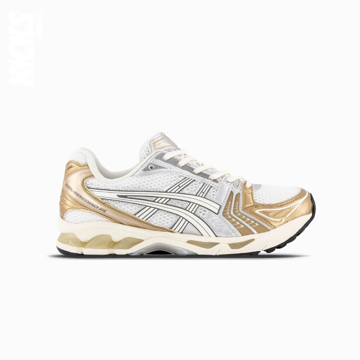 A pair of Asics GEL-KAYANO 14 running shoes with replacement laces.