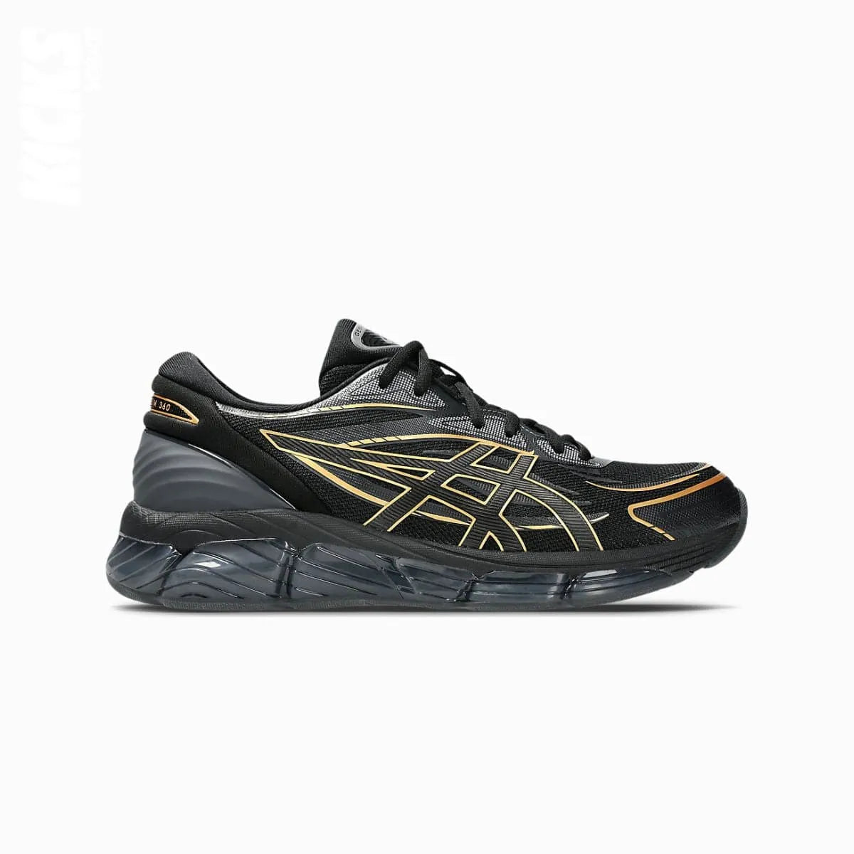 A pair of Asics GEL-QUANTUM 360 athletic shoes with black and gold design, featuring replacement laces.