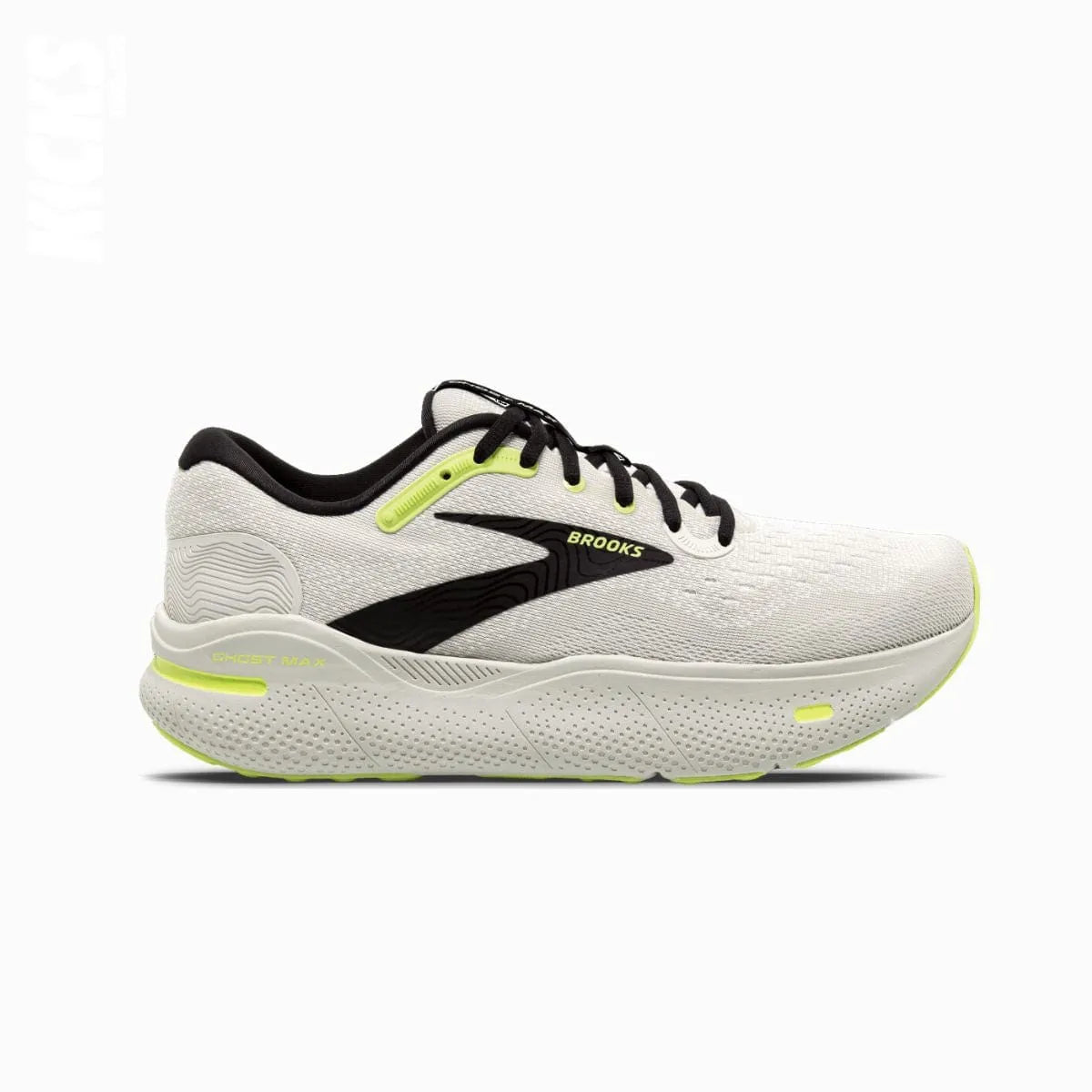 A pair of Brooks Ghost Max 2 running shoes with replacement black shoelaces.