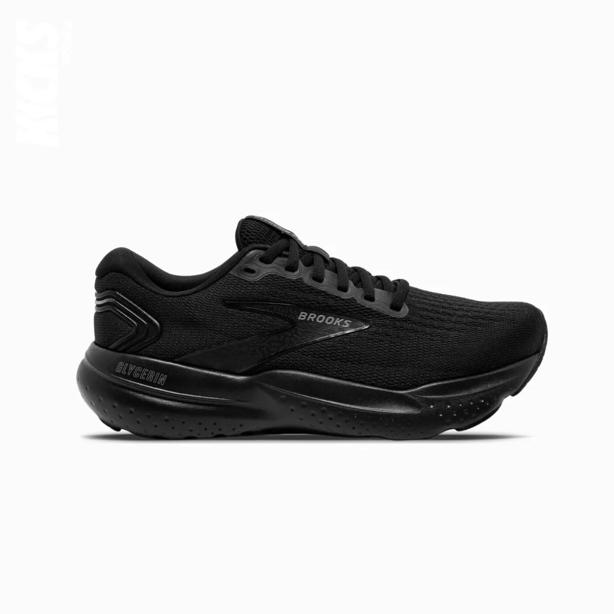 A pair of black Brooks Glycerin 21 running shoes with replacement laces.