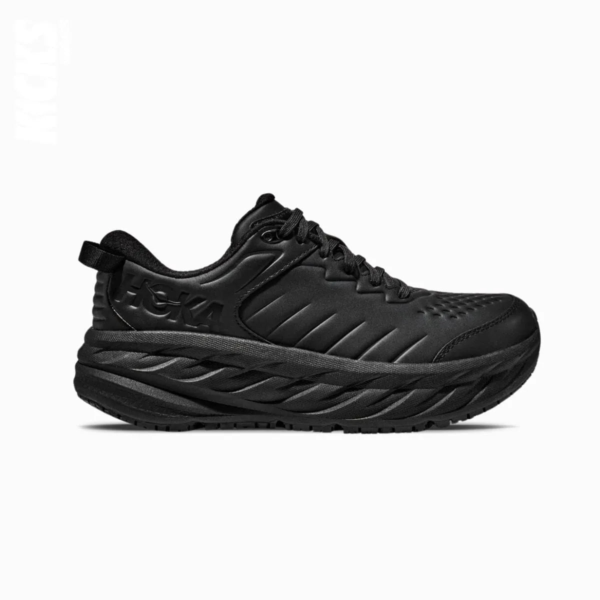 A pair of black Hoka Bondi SR running shoes with black shoelaces