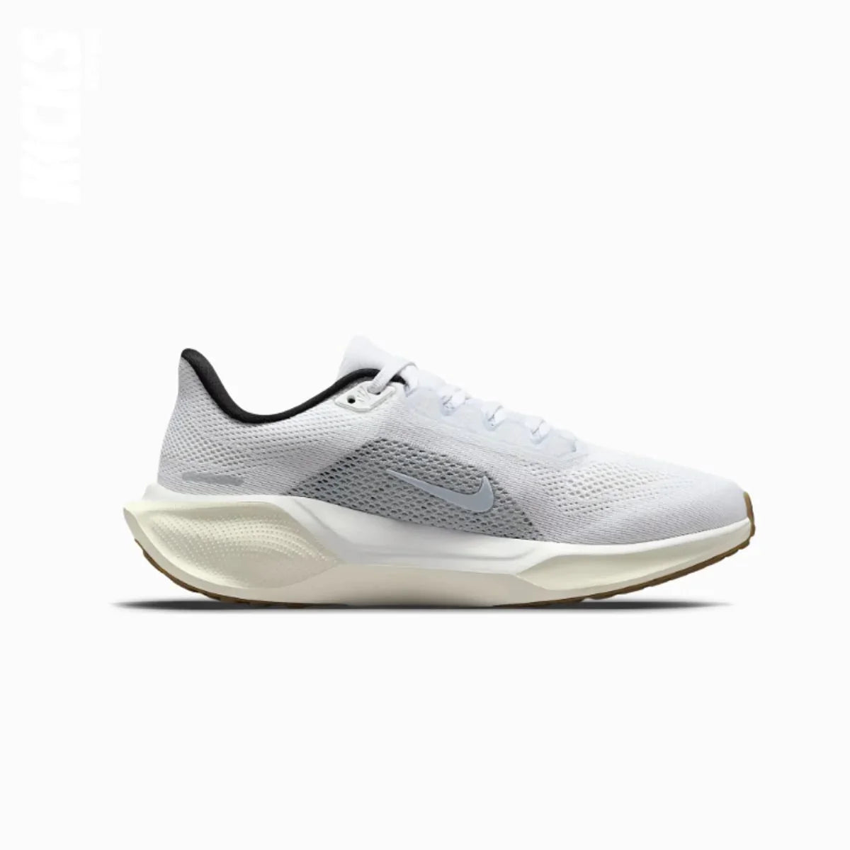 White Nike running shoe with black accents on a white background