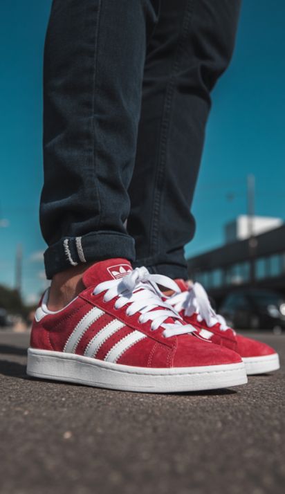 Red Adidas sneakers with white stripes worn by a person in casual streetwear, with bold, fat laces.