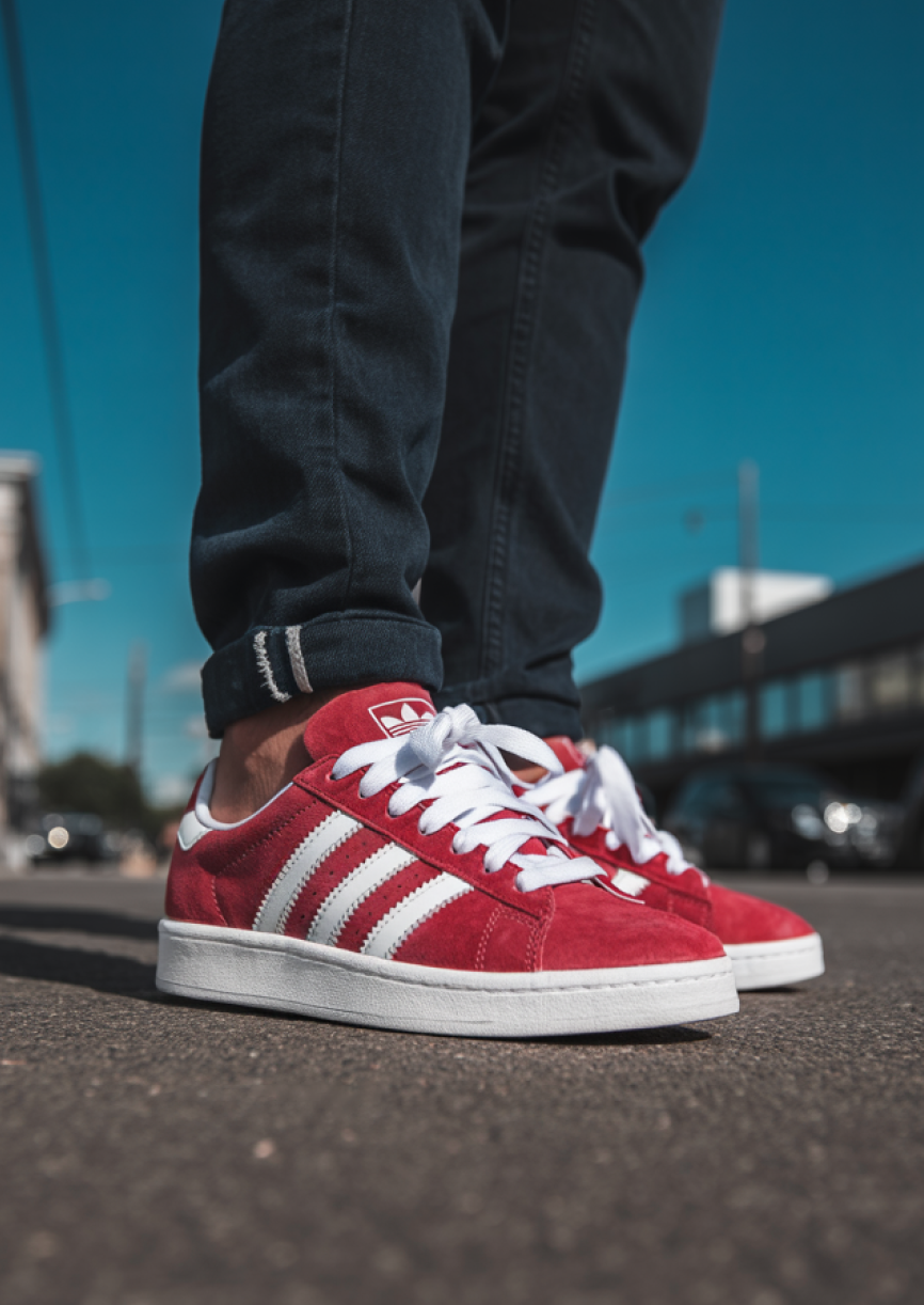 Man in casual streetwear wearing Adidas Campus sneakers with bold fat laces