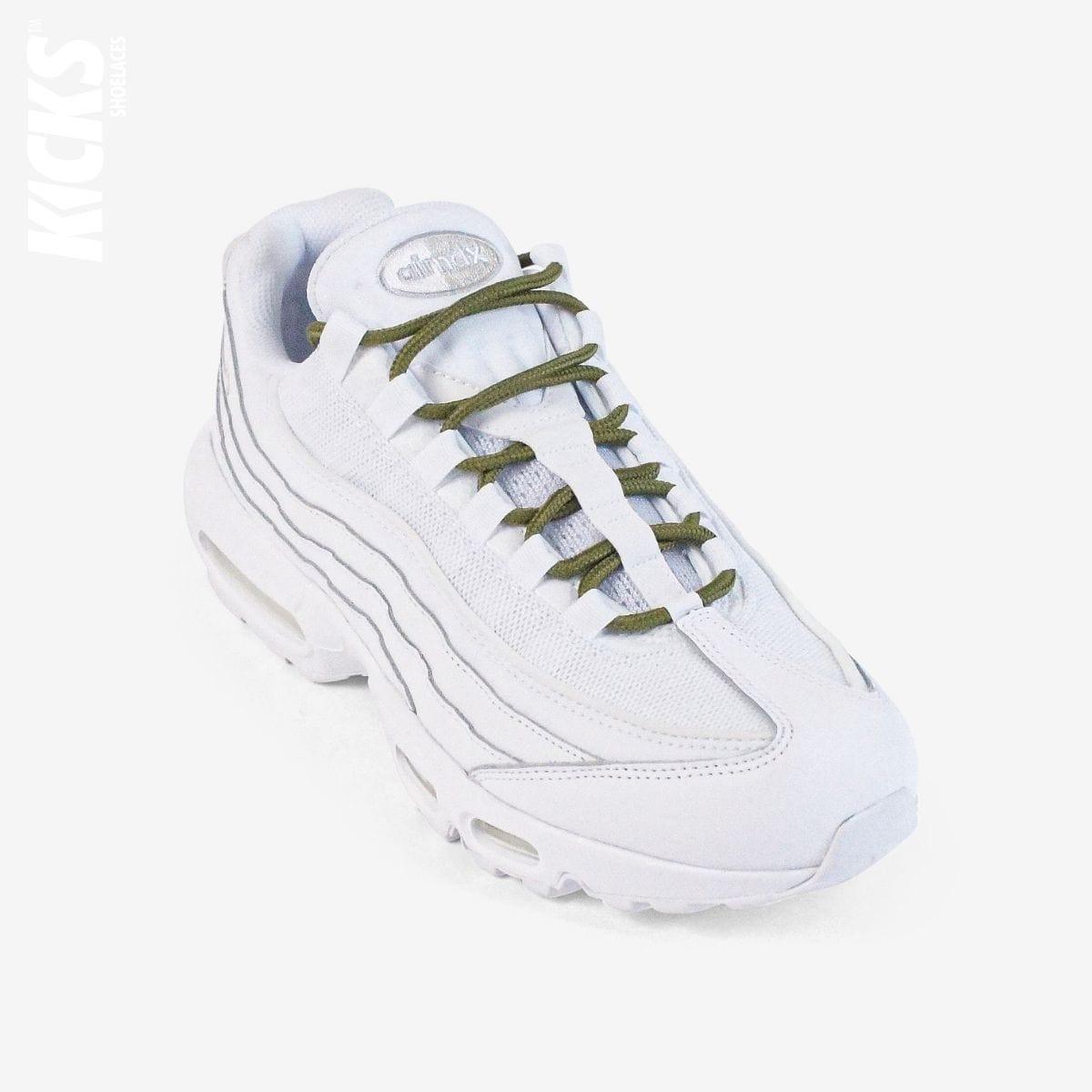 Army green round shoestrings on white sneakers by Kicks Shoelaces