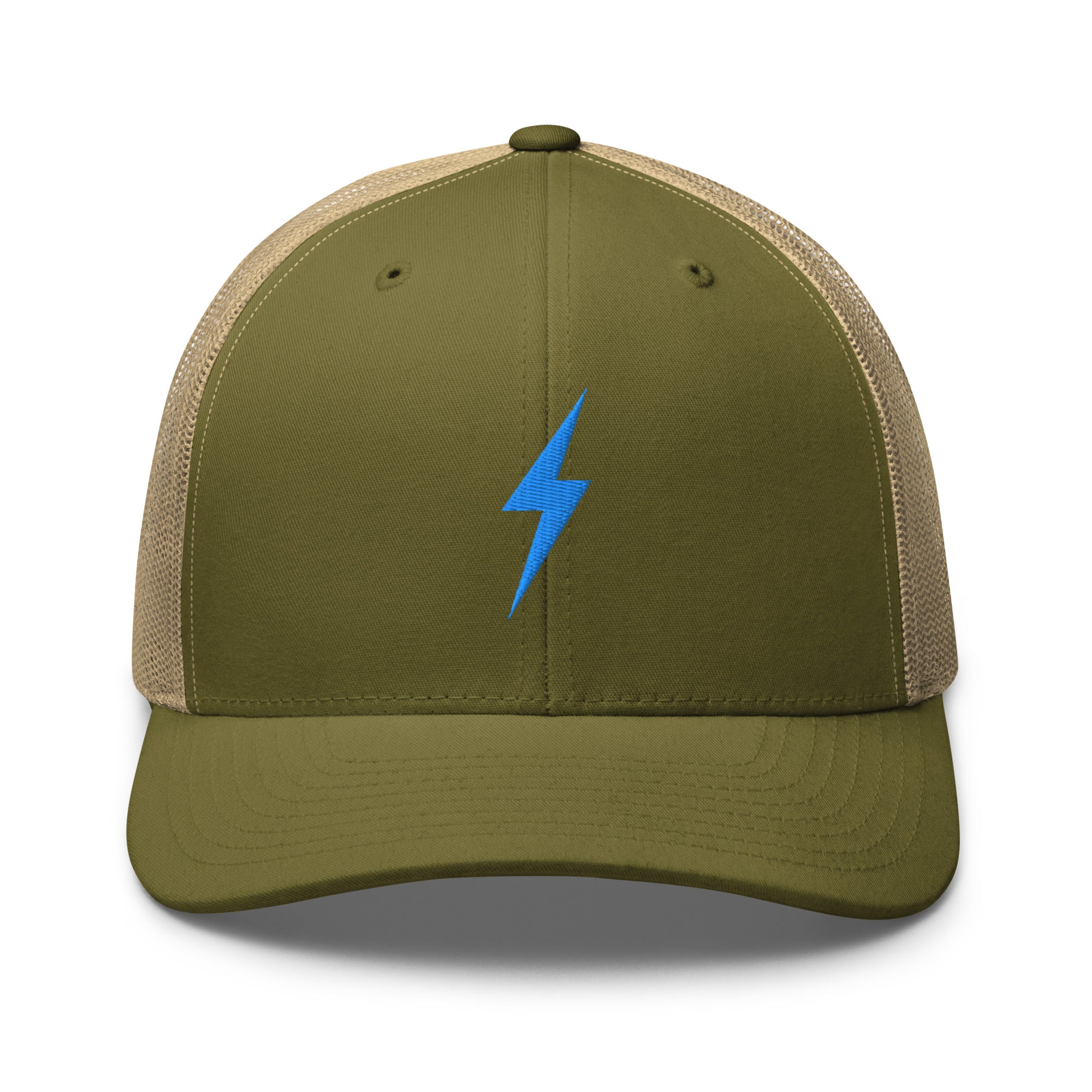 Army green trucker hat with a sky blue lightning bolt design on front panel