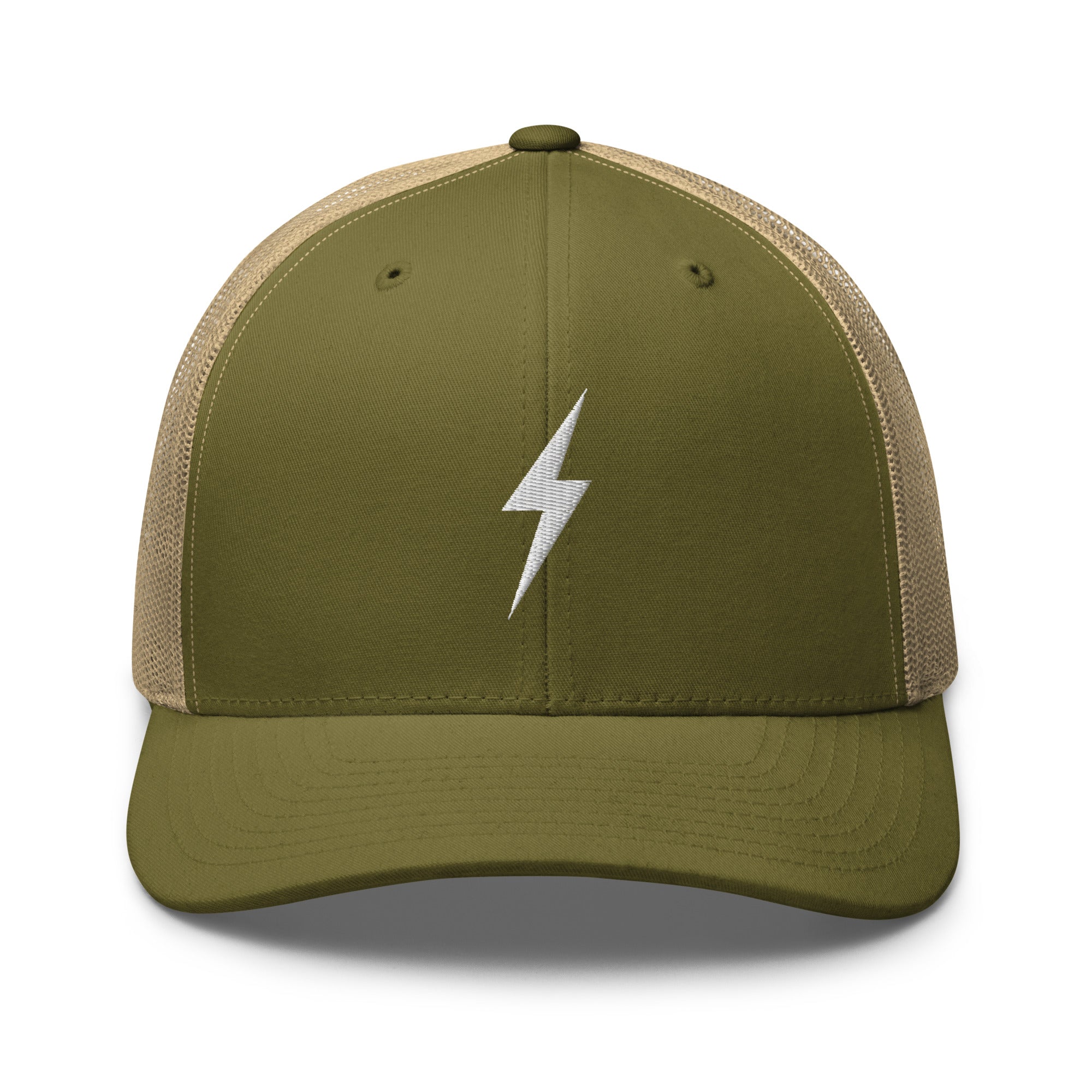 Army green trucker hat with a white lightning bolt design on front panel