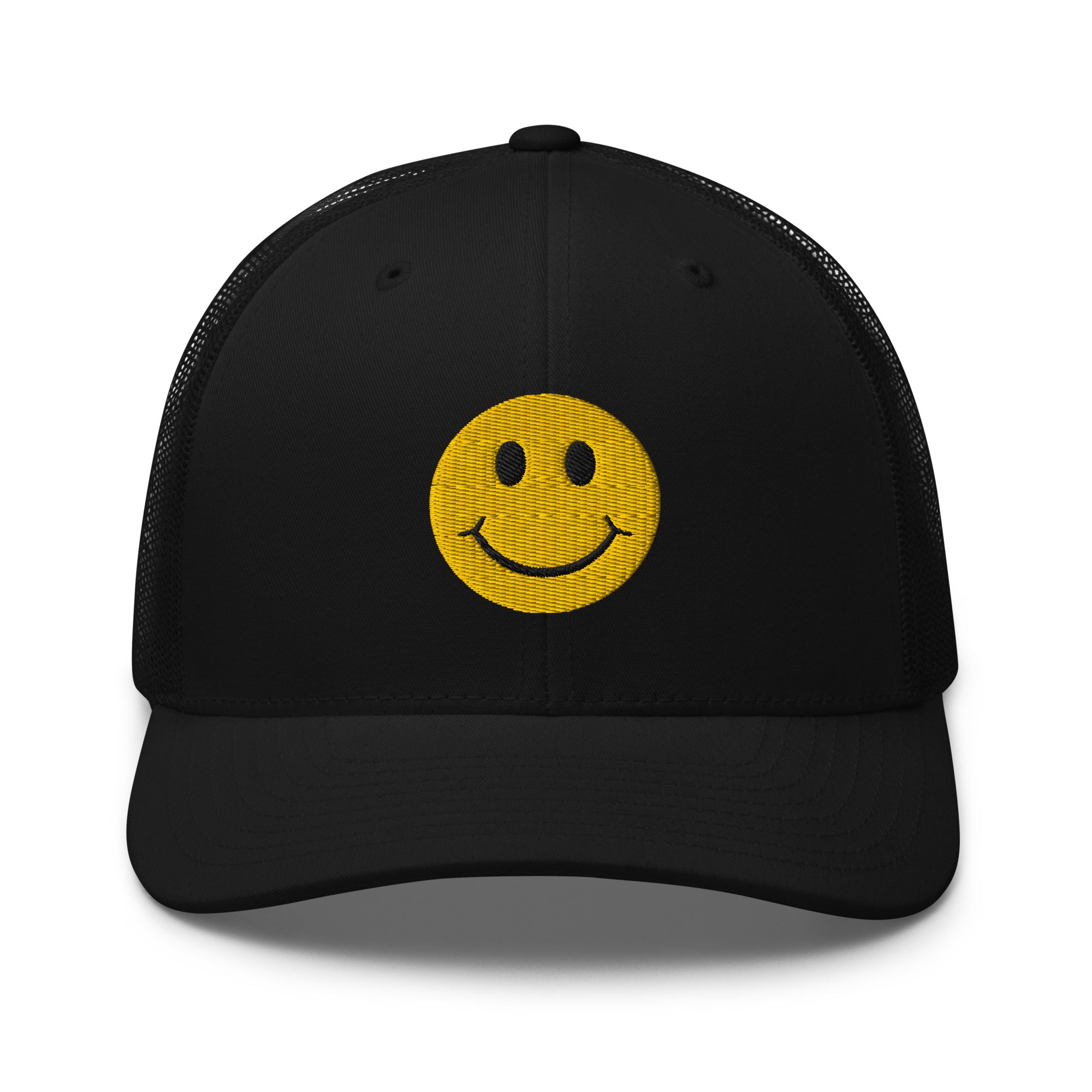 Black smiley face embroidered trucker hat with adjustable mesh back, perfect for casual wear and streetwear style.