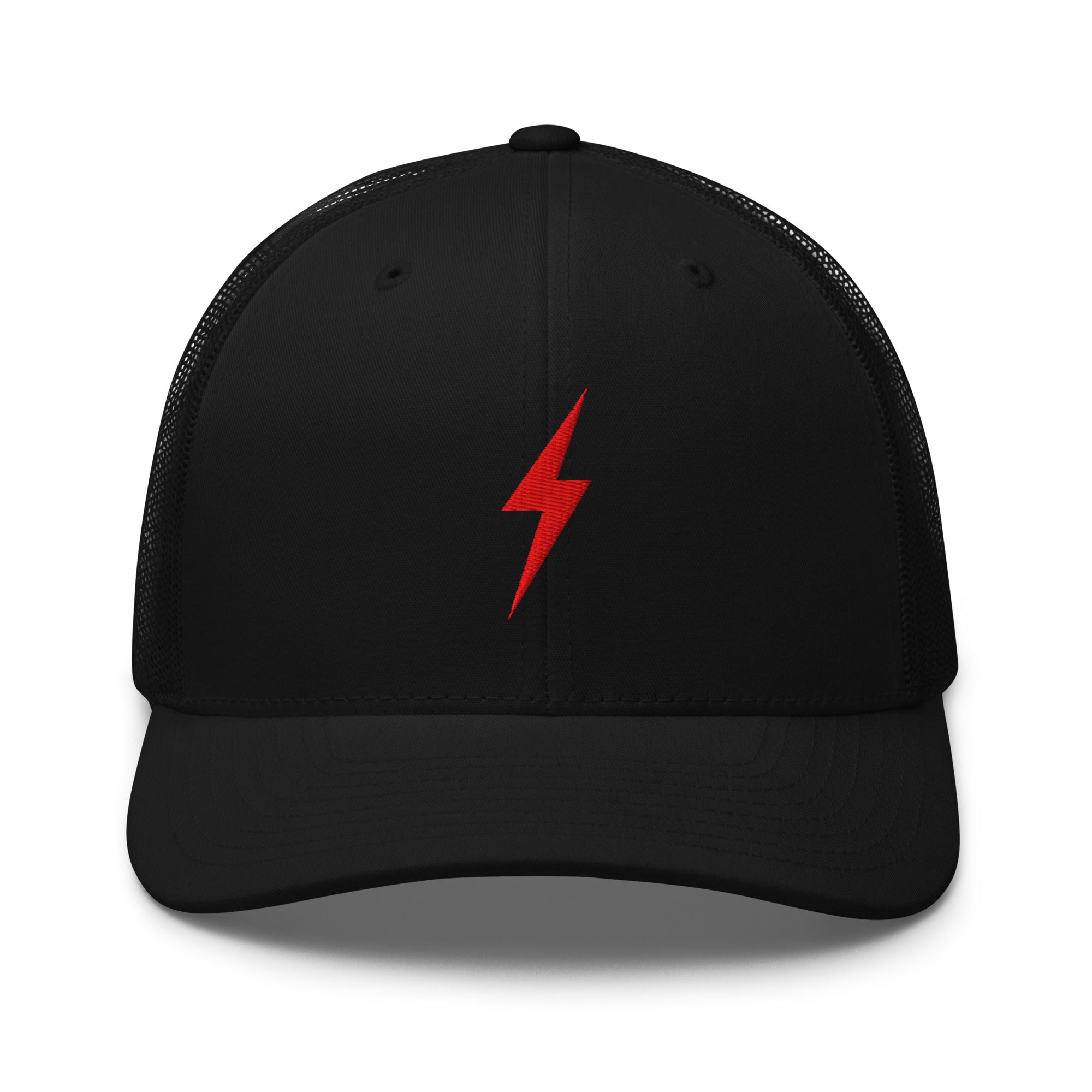 Black trucker hat with an embroidered red lightning bolt design on front panel.