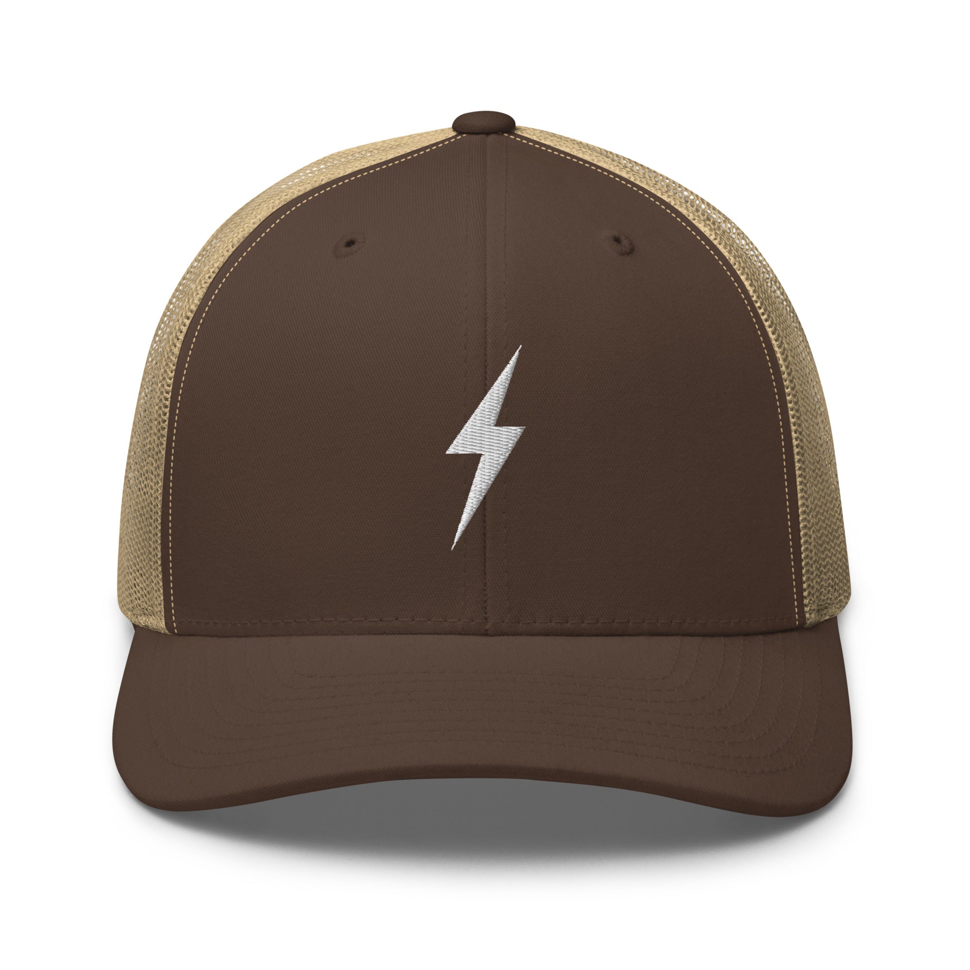 Brown and khaki trucker hat with an embroidered white lightning bolt design on the front panel