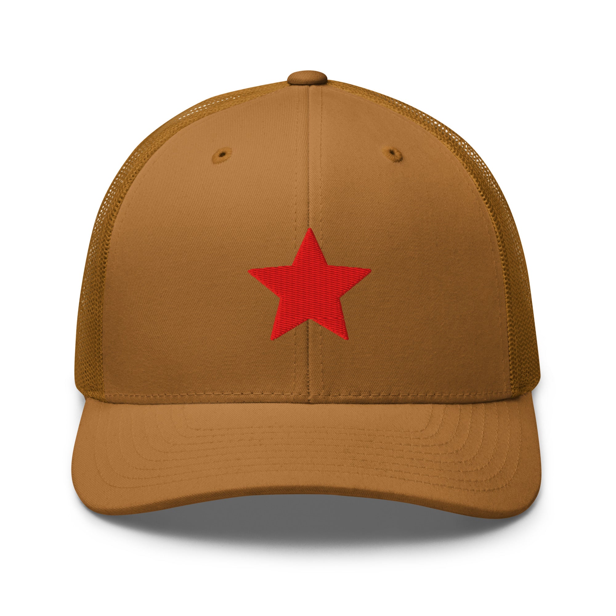 Caramel truckers hat with an embroidered red star, structured front, mesh back, and adjustable fit by Kicks Shoelaces