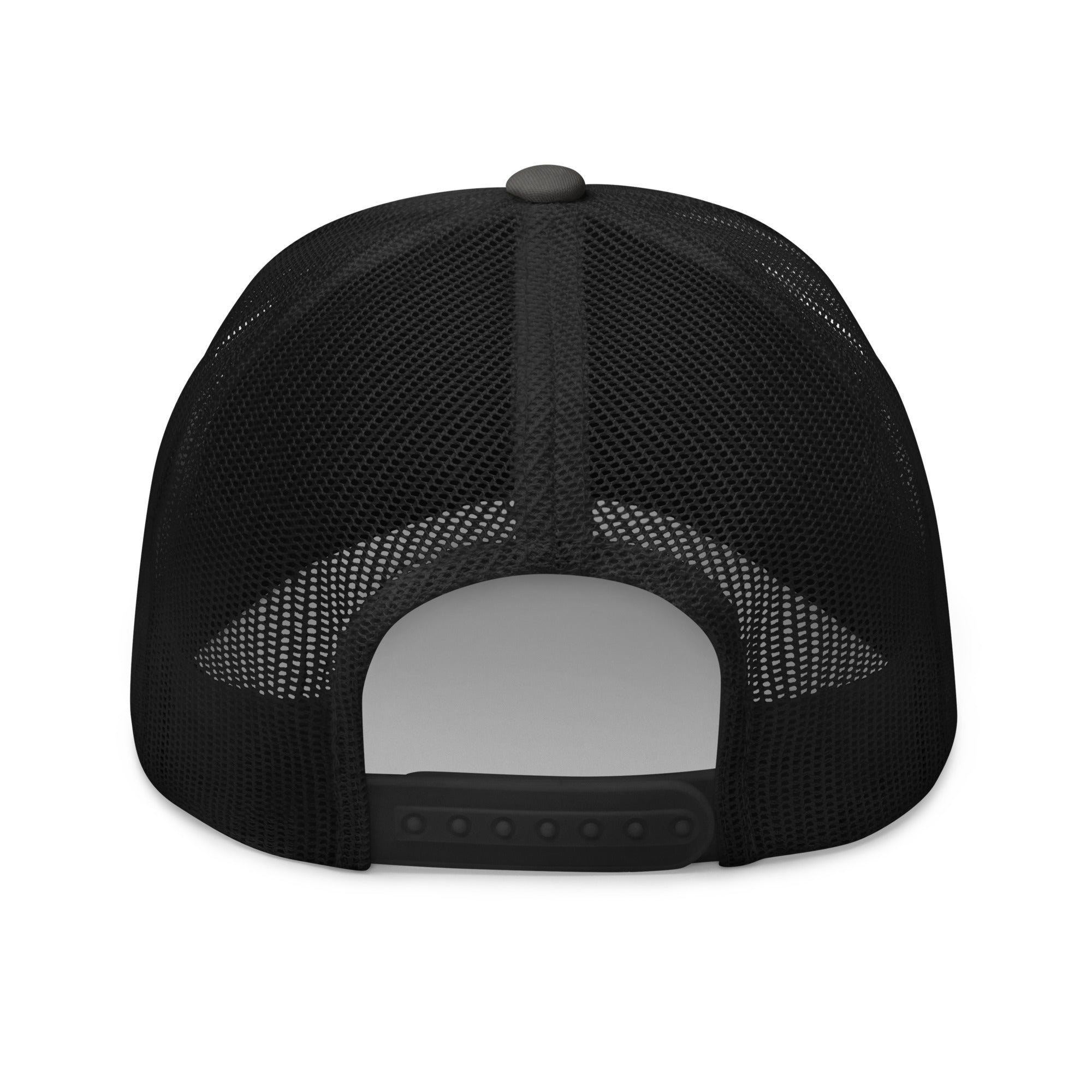 Rear view of charcoal and black truckers cap with black star, adjustable snapback closure