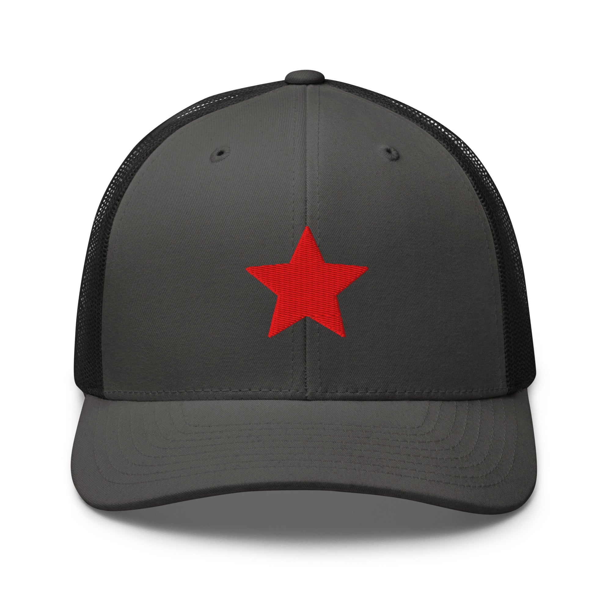 Charcoal and black truckers hat with an embroidered red star, structured front, mesh back, and adjustable fit by Kicks Shoelaces