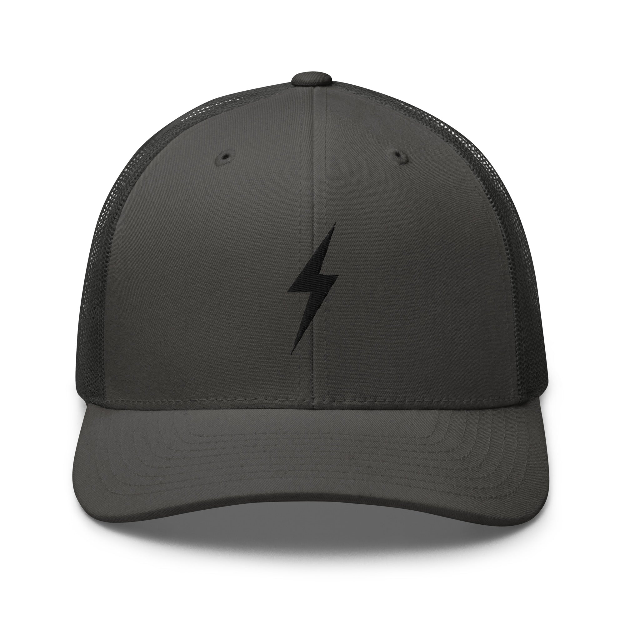 Charcoal trucker hat with a black lightning bolt design on front panel