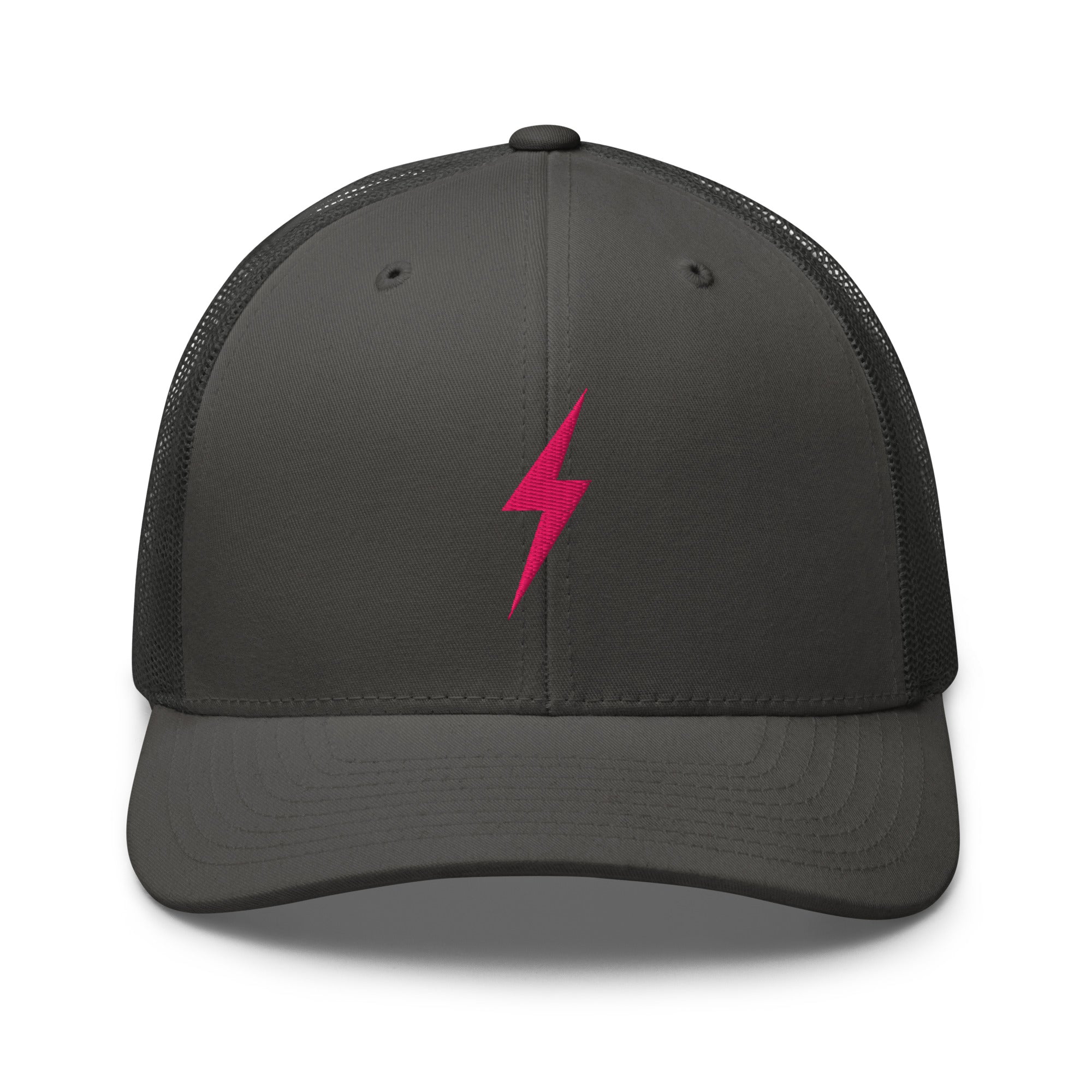 Charcoal trucker hat with pink lightning bolt design on front panel