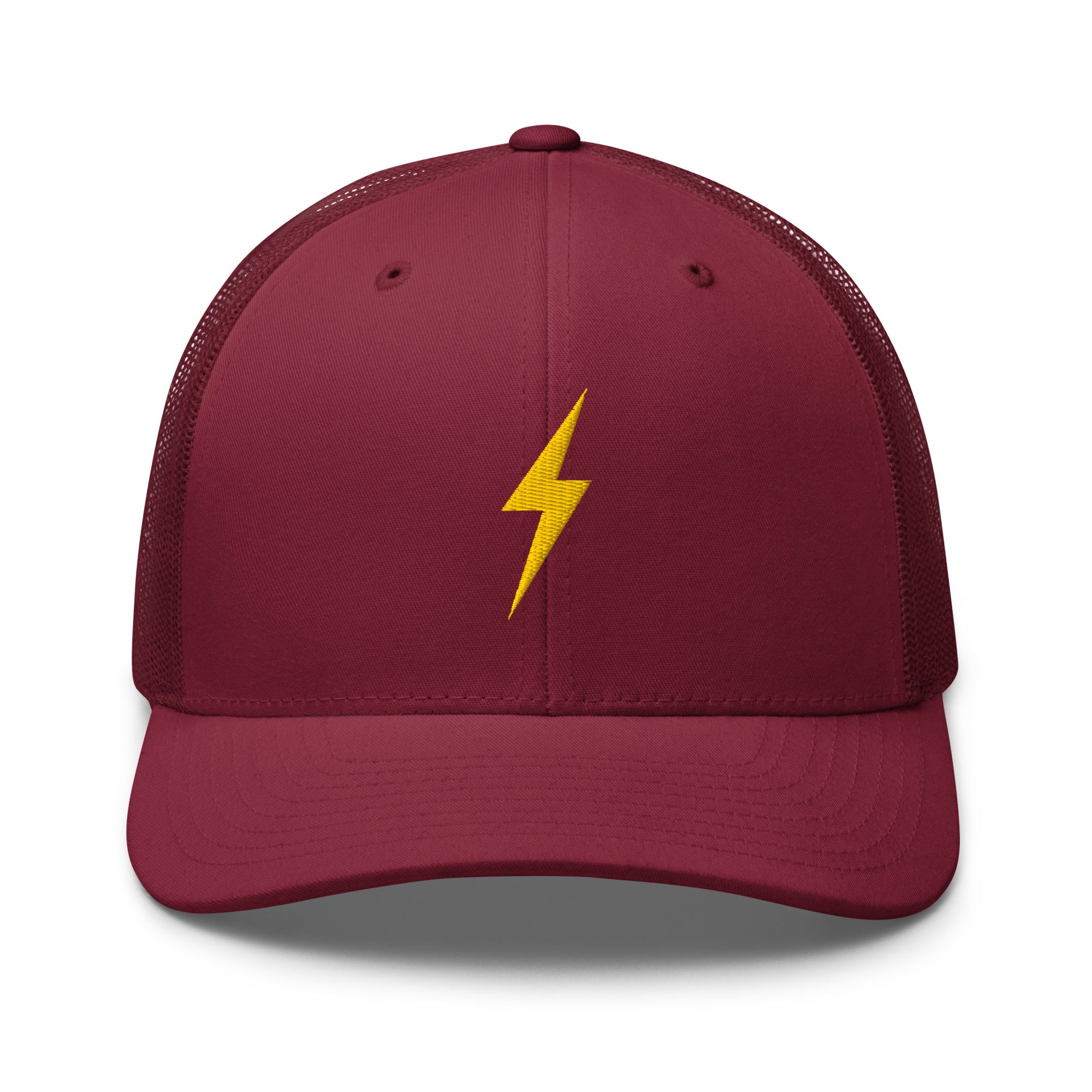 Cranberry trucker hat with a yellow lightning bolt design on front panel