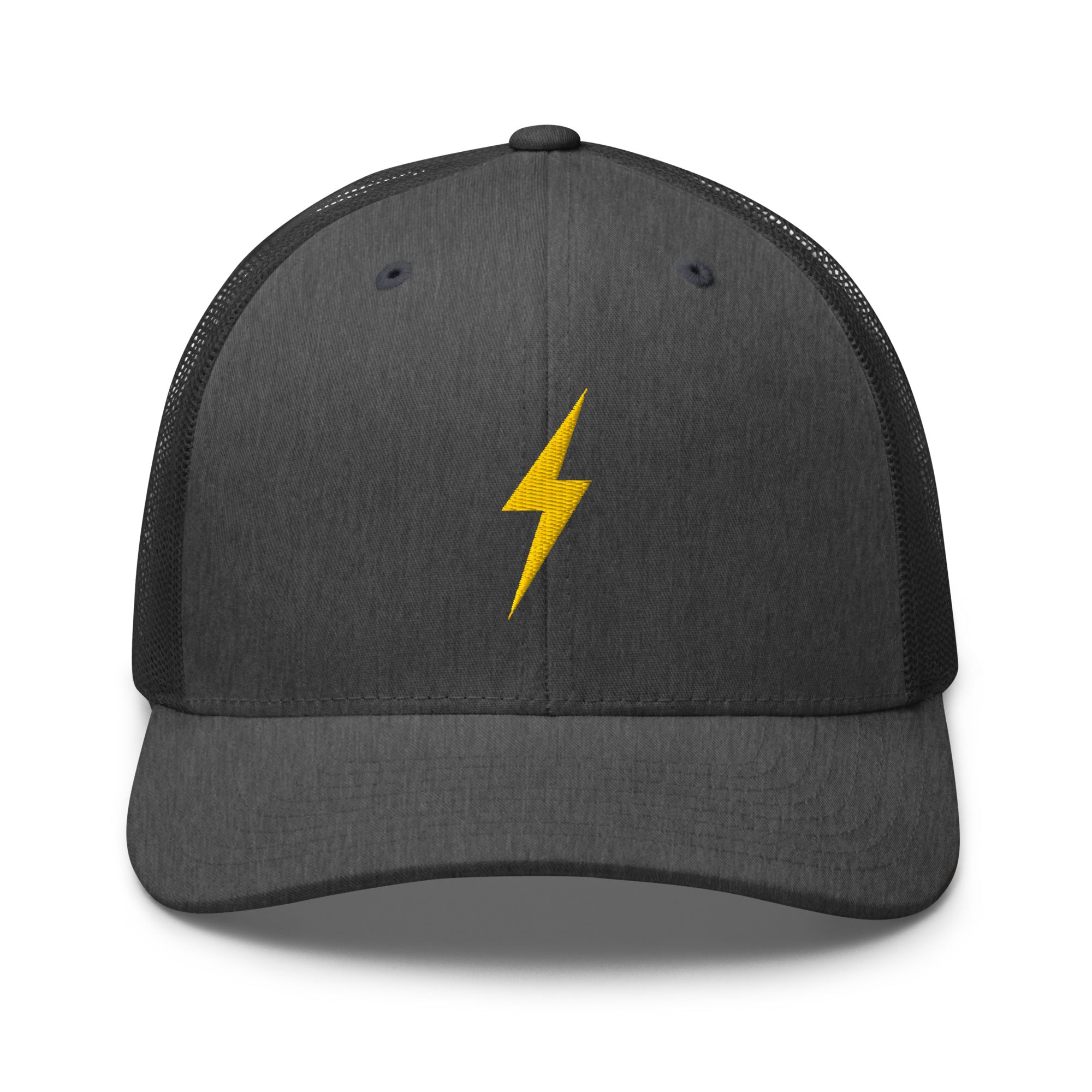 Dark grey trucker hat with yellow lightning bolt design on front panel