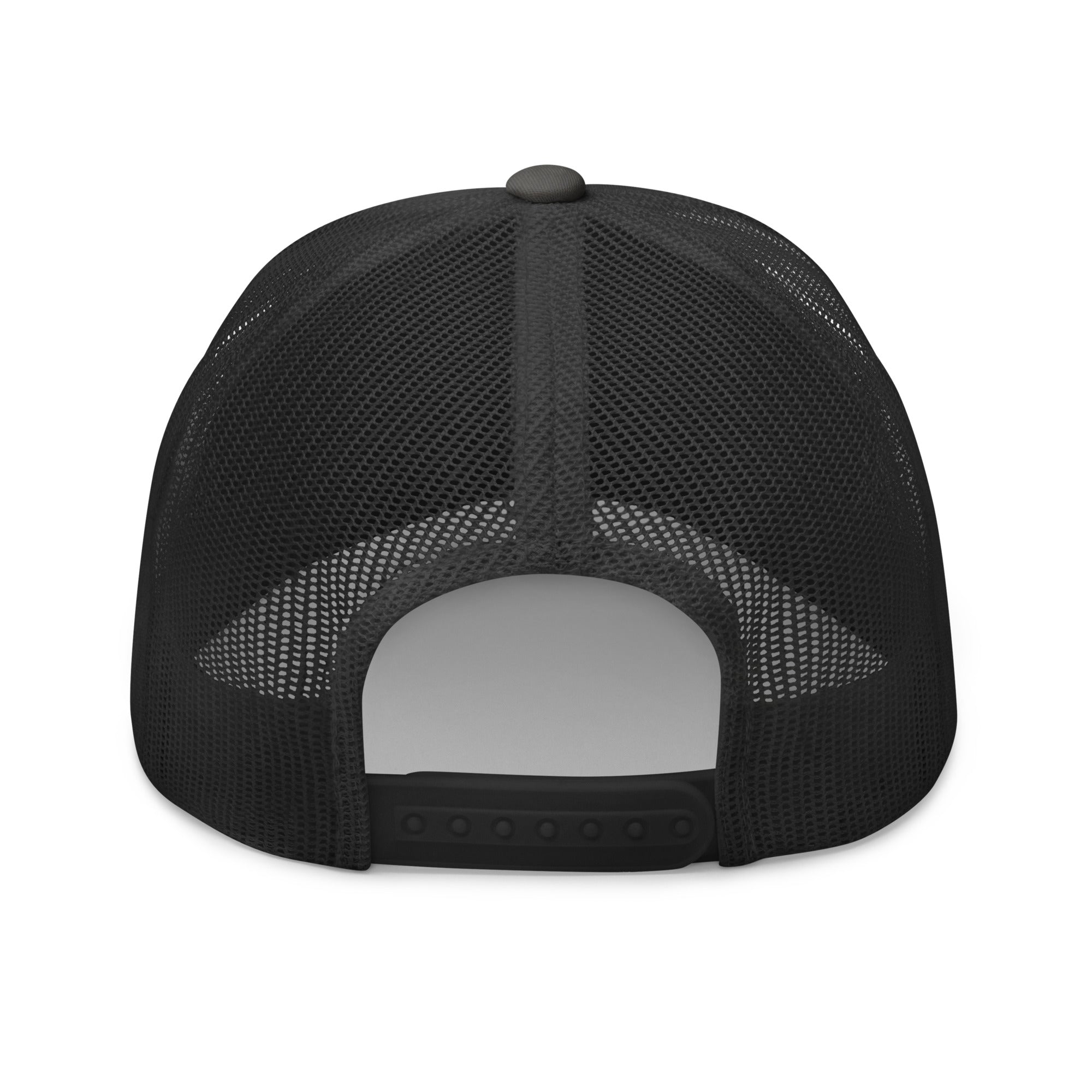 Rear view of dark grey truckers cap with black star, adjustable snapback closure