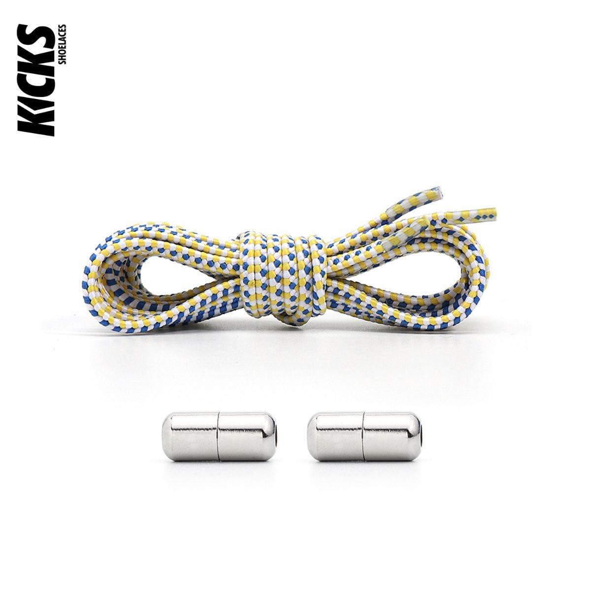 white, blue, yellow, boot, laces