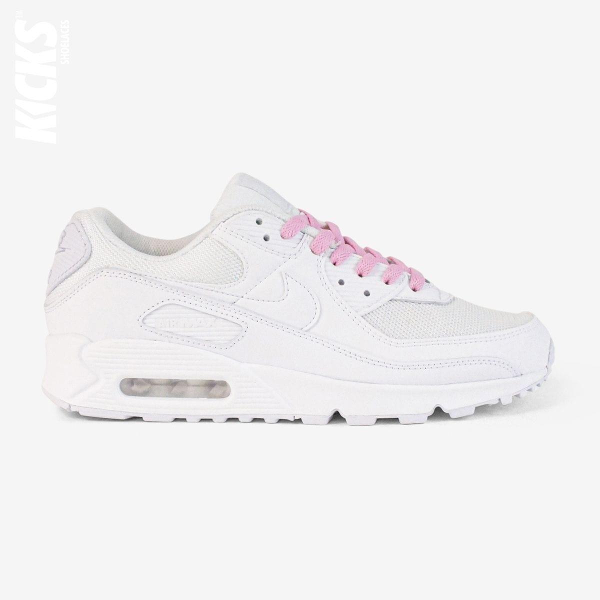 Pink shoelaces on white lifestyle sneakers, a stylish lace upgrade for everyday shoes by Kicks Shoelaces