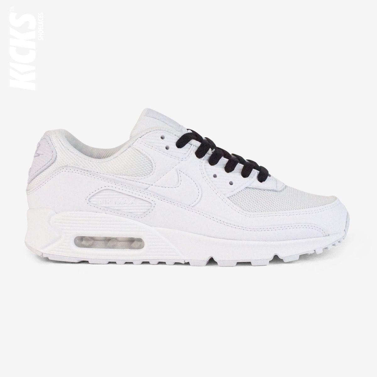 Black shoelaces on white lifestyle sneakers, a stylish lace upgrade for everyday shoes by Kicks Shoelaces