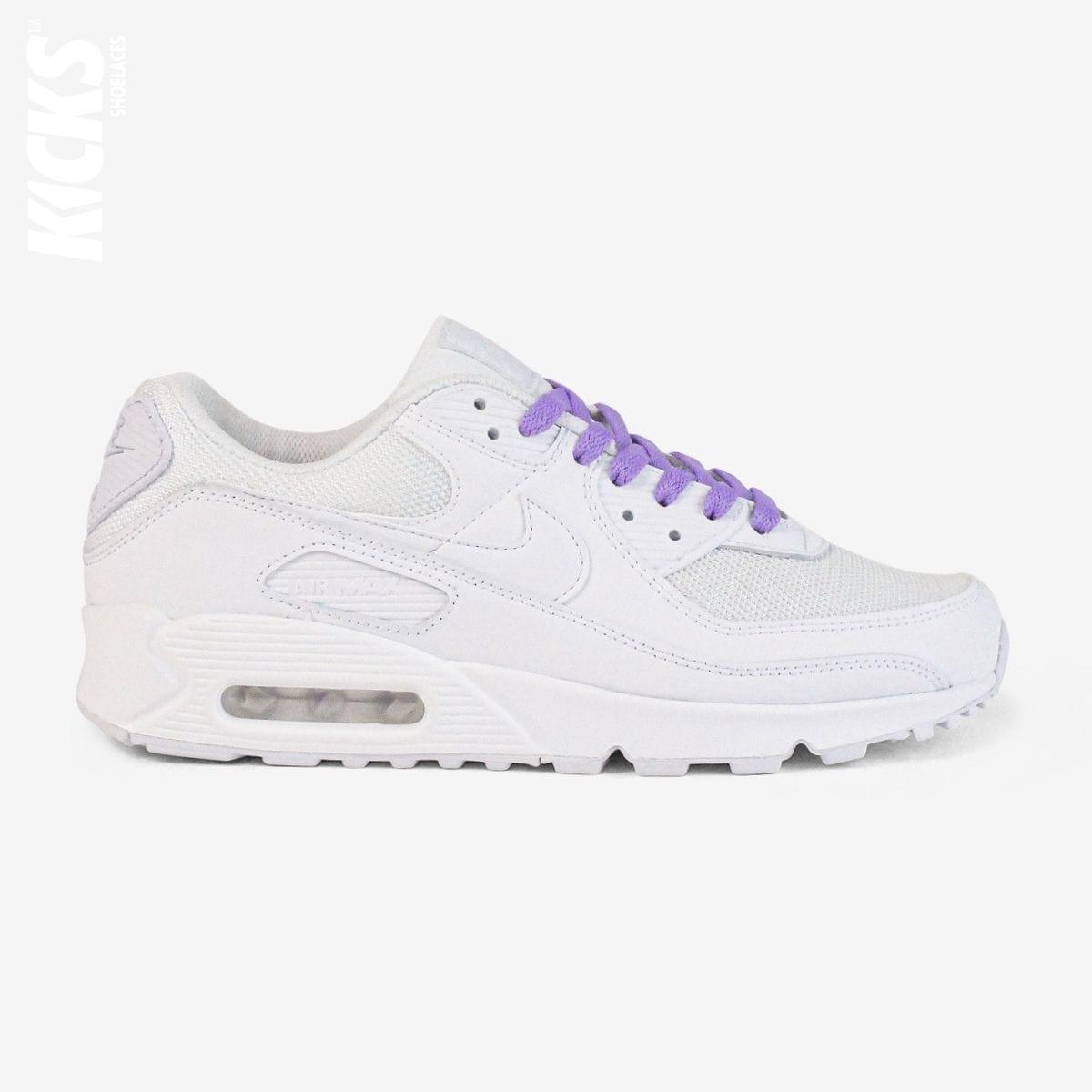 Pastel purple shoelaces on white lifestyle sneakers, a stylish lace upgrade for everyday shoes by Kicks Shoelaces