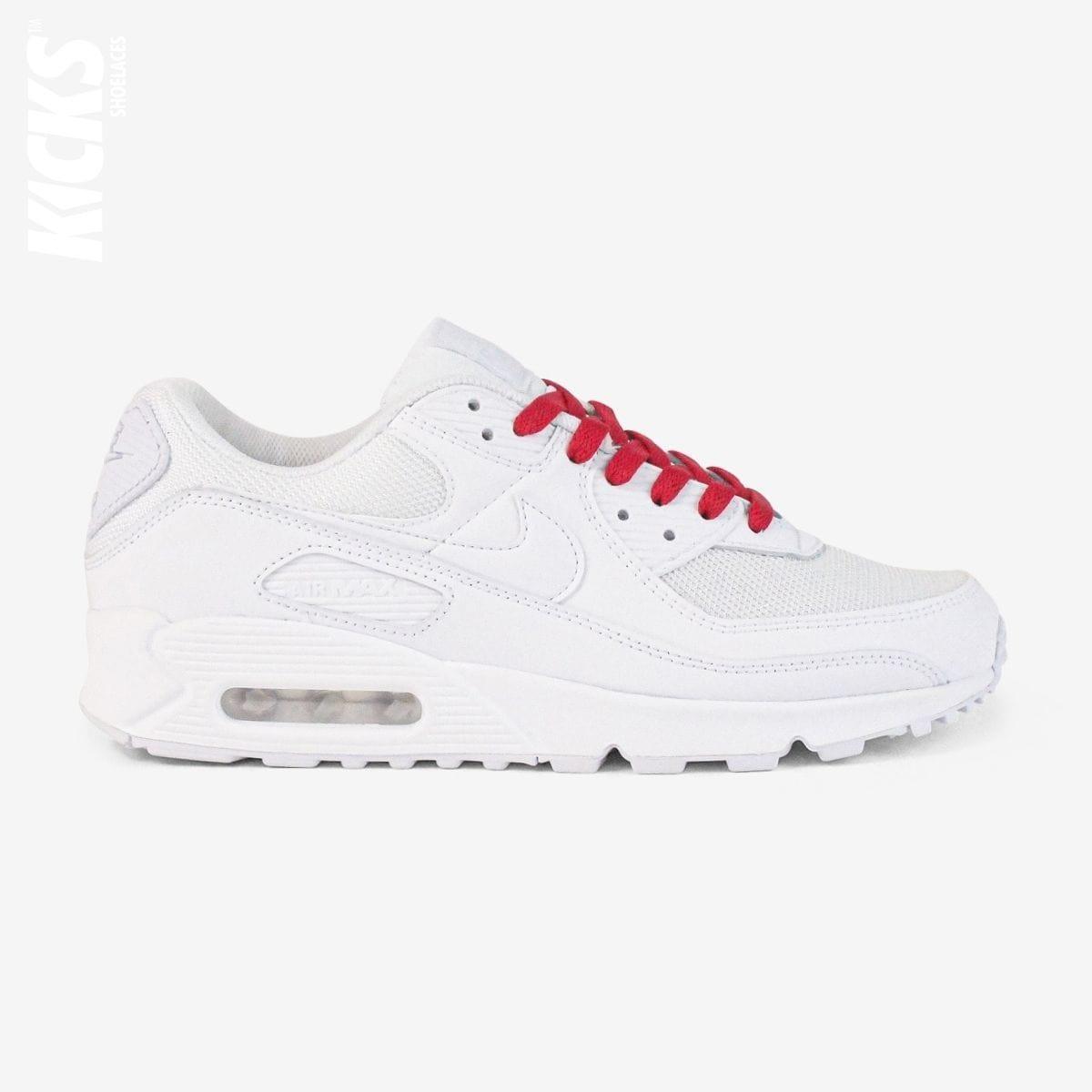 Red shoelaces on white lifestyle sneakers, a stylish lace upgrade for everyday shoes by Kicks Shoelaces