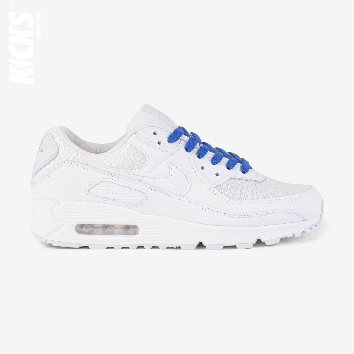 Royal blue shoelaces on white lifestyle sneakers, a stylish lace upgrade for everyday shoes by Kicks Shoelaces