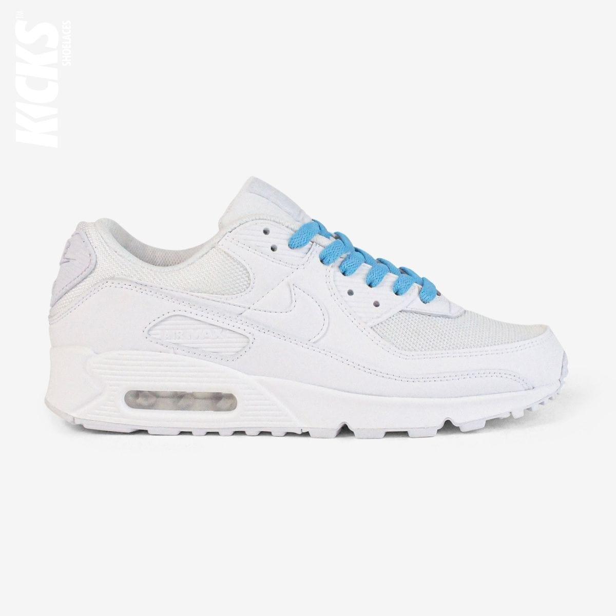 Spearmint blue shoelaces on white lifestyle sneakers, a stylish lace upgrade for everyday shoes by Kicks Shoelaces