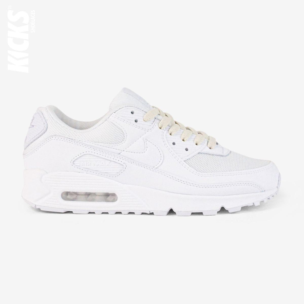 Beige shoelaces on white lifestyle sneakers, a stylish lace upgrade for everyday shoes by Kicks Shoelaces