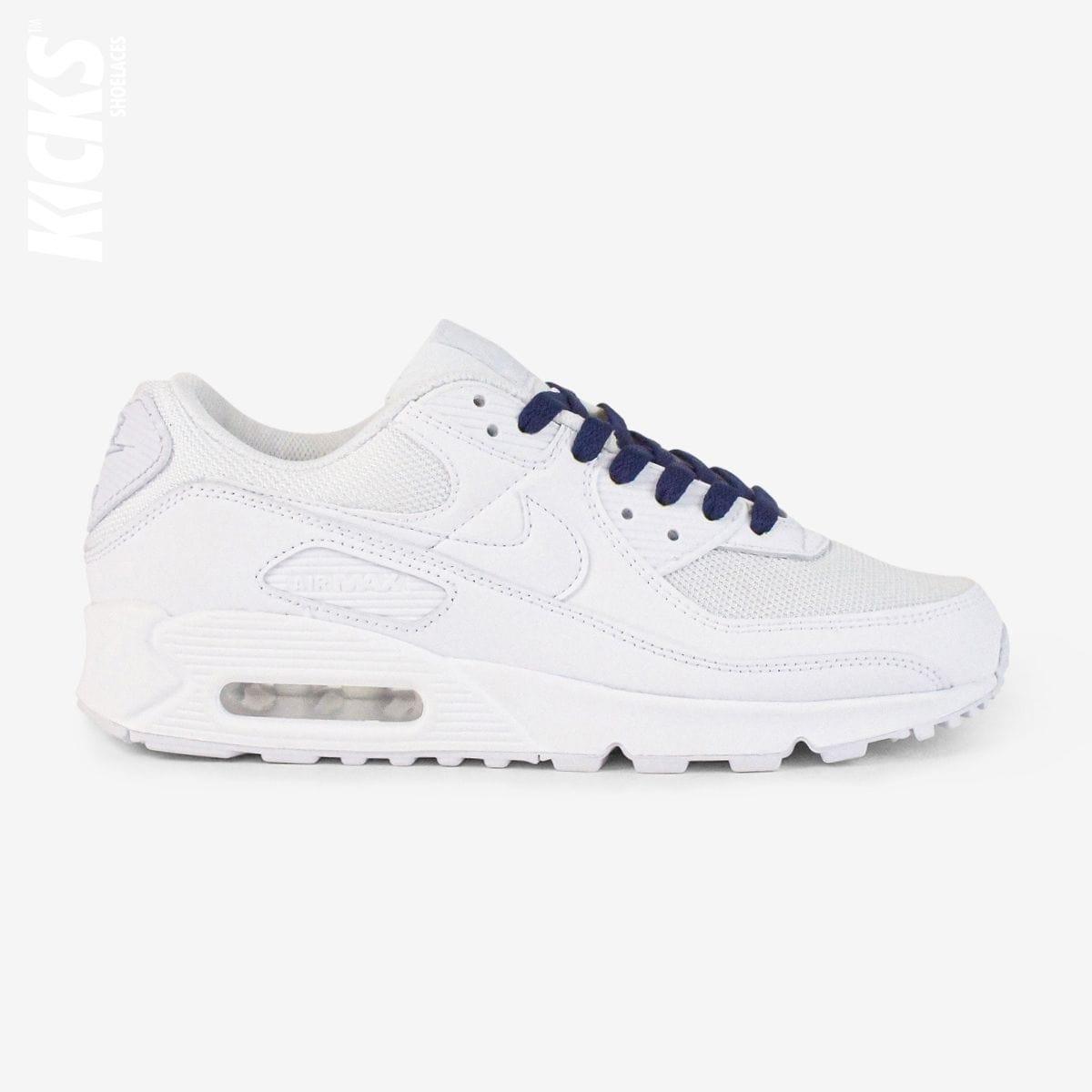 Dark blue shoelaces on white lifestyle sneakers, a stylish lace upgrade for everyday shoes by Kicks Shoelaces