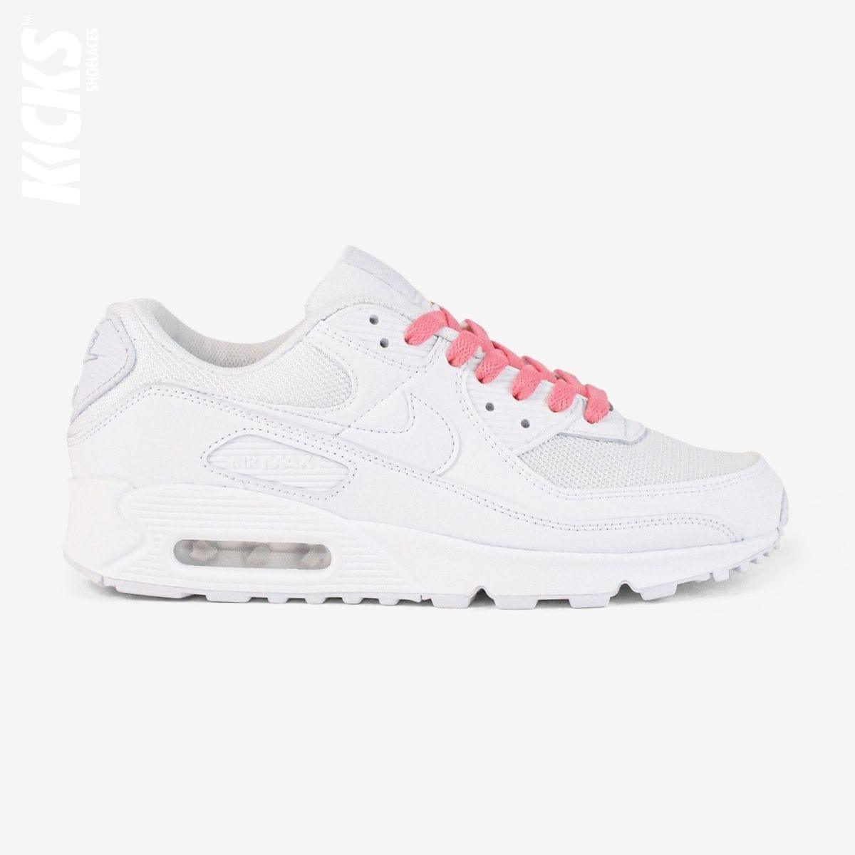 Watermelon red shoelaces on white lifestyle sneakers, a stylish lace upgrade for everyday shoes by Kicks Shoelaces