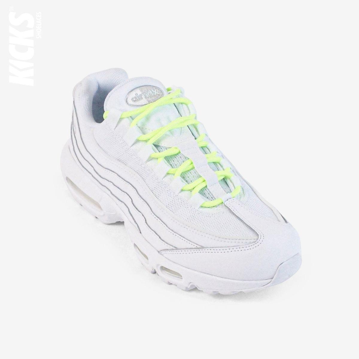 Fluorescent green round shoestrings on white sneakers by Kicks Shoelaces