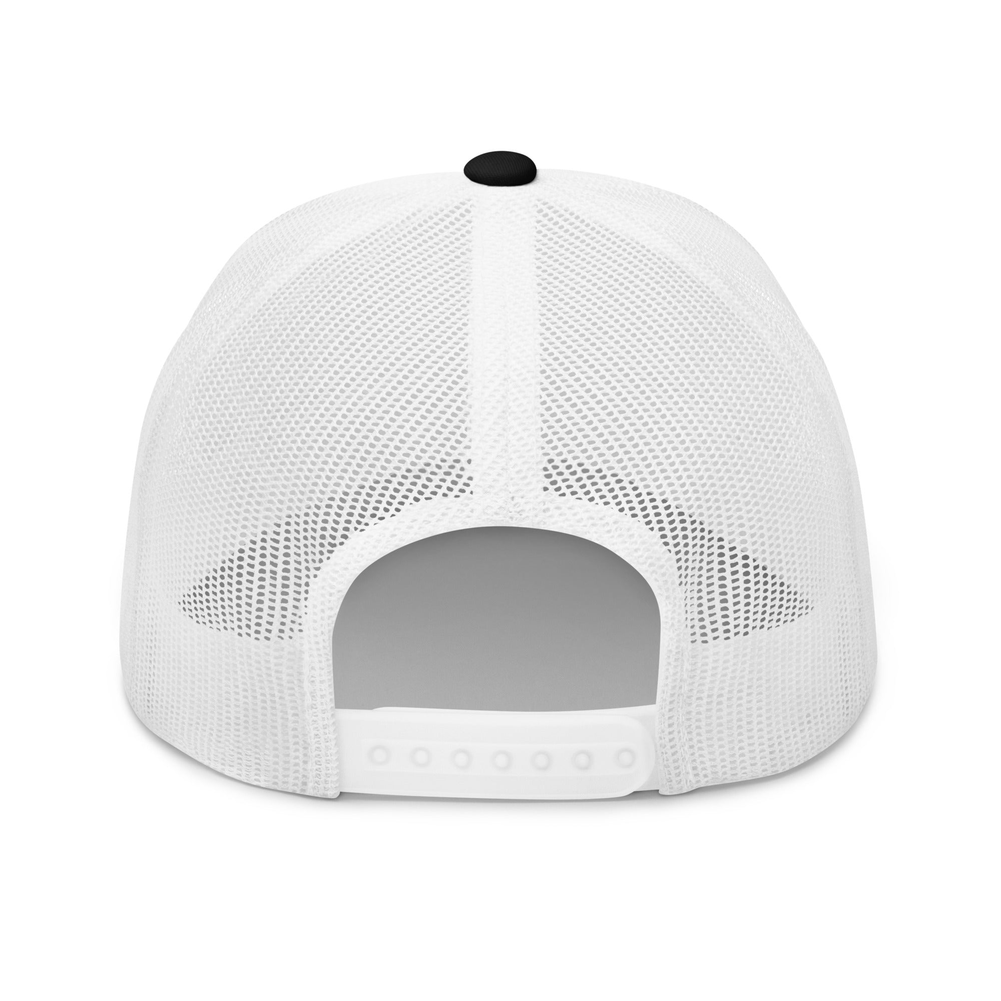 Rear view of Gold Star black and white Trucker Cap with adjustable snapback closure