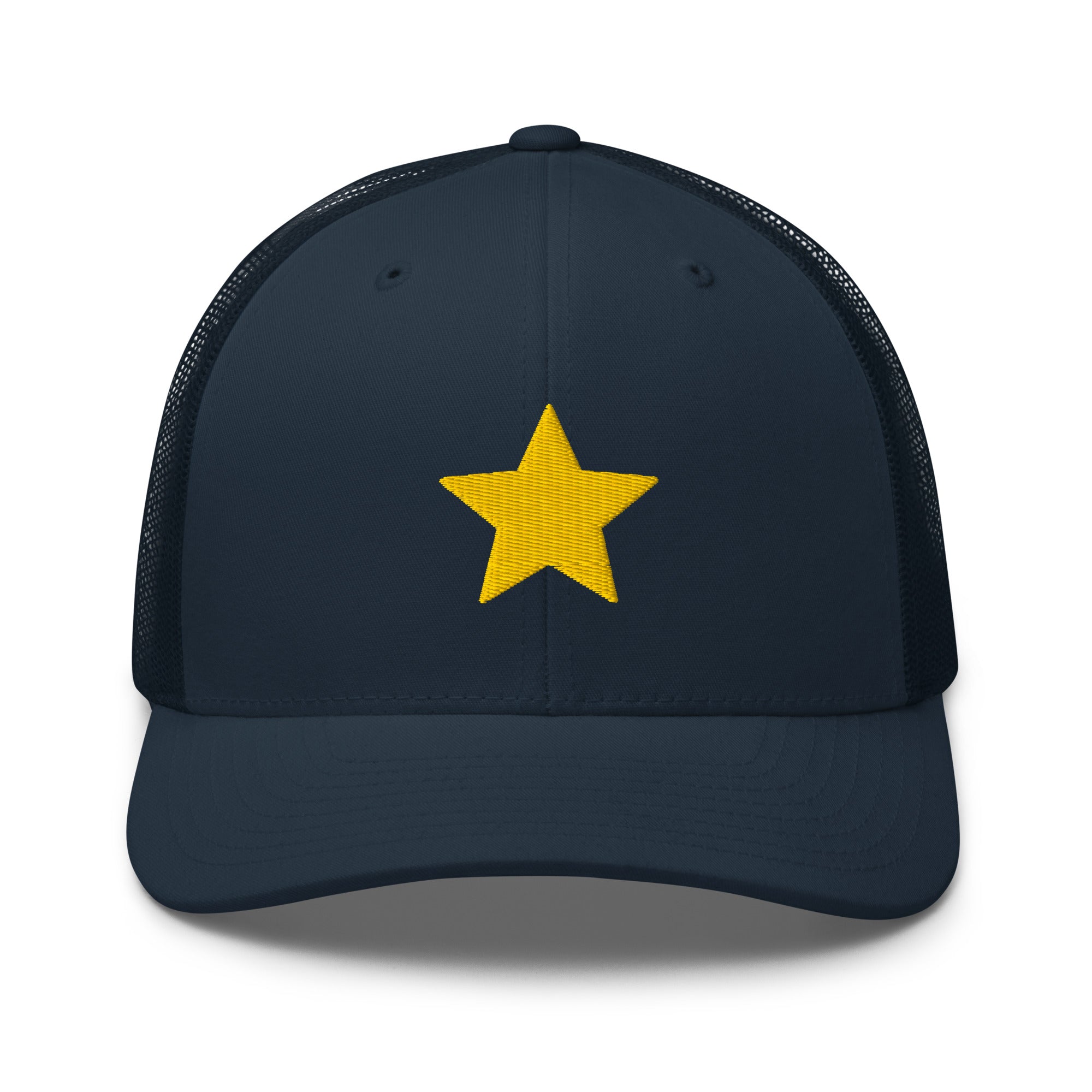 Gold Star navy Trucker Cap with structured front, mesh back, and embroidered gold star detail by Kicks Shoelaces