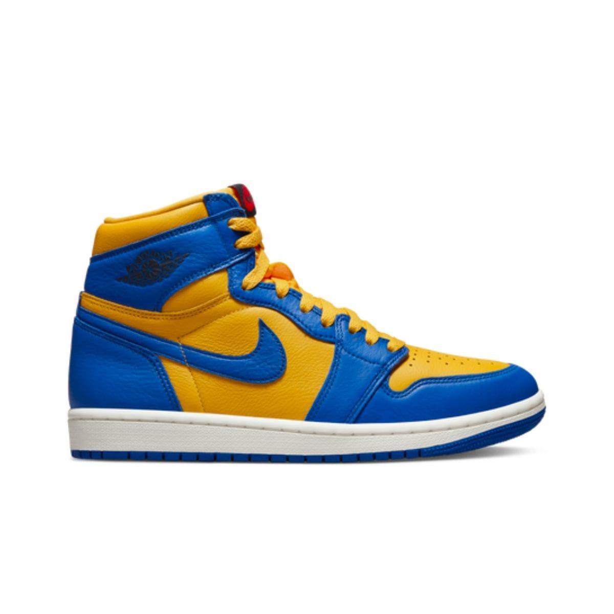 Jordan 1 sneakers with Golden Yellow replacement laces by Kicks Shoelaces