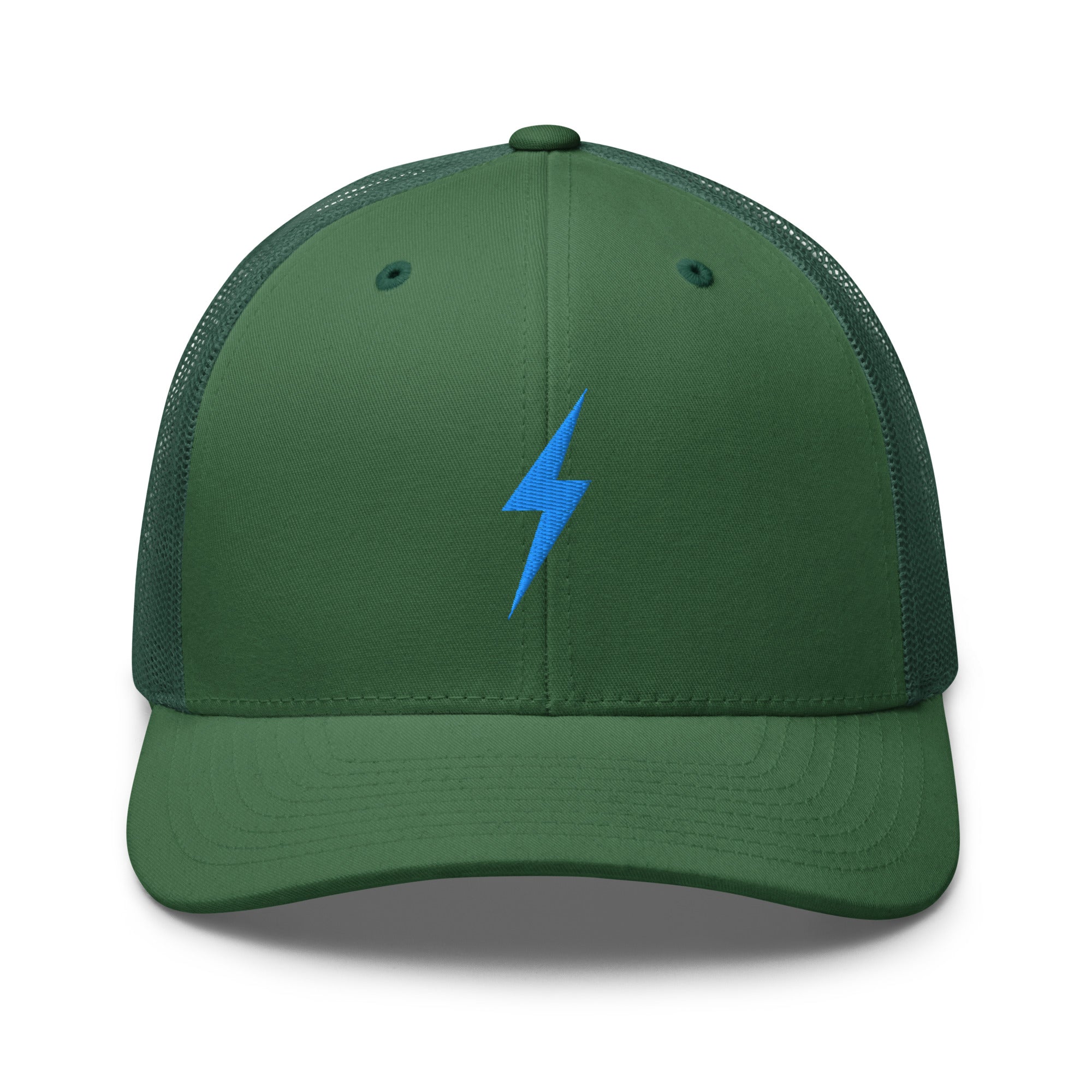 Green trucker hat with an embroidered sky blue lightning bolt design on the front panel