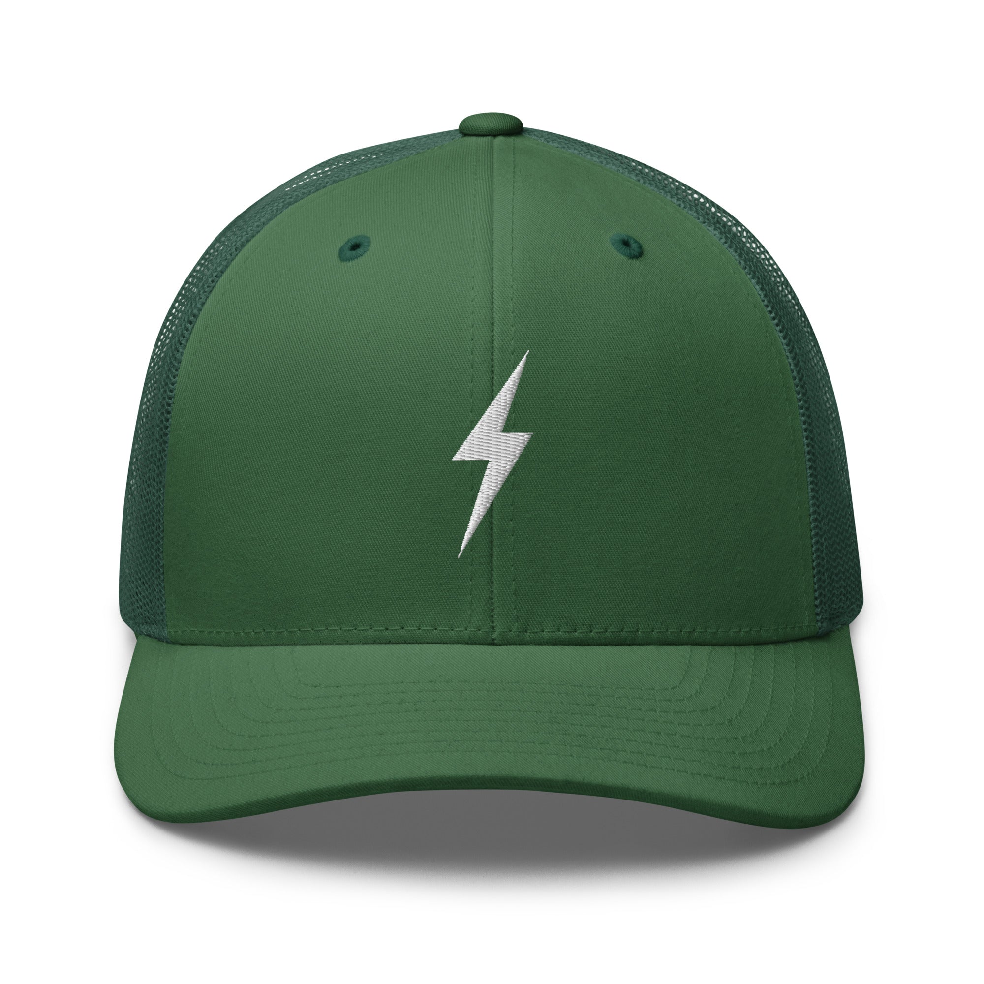 Green trucker hat with an embroidered white lightning bolt design on the front panel