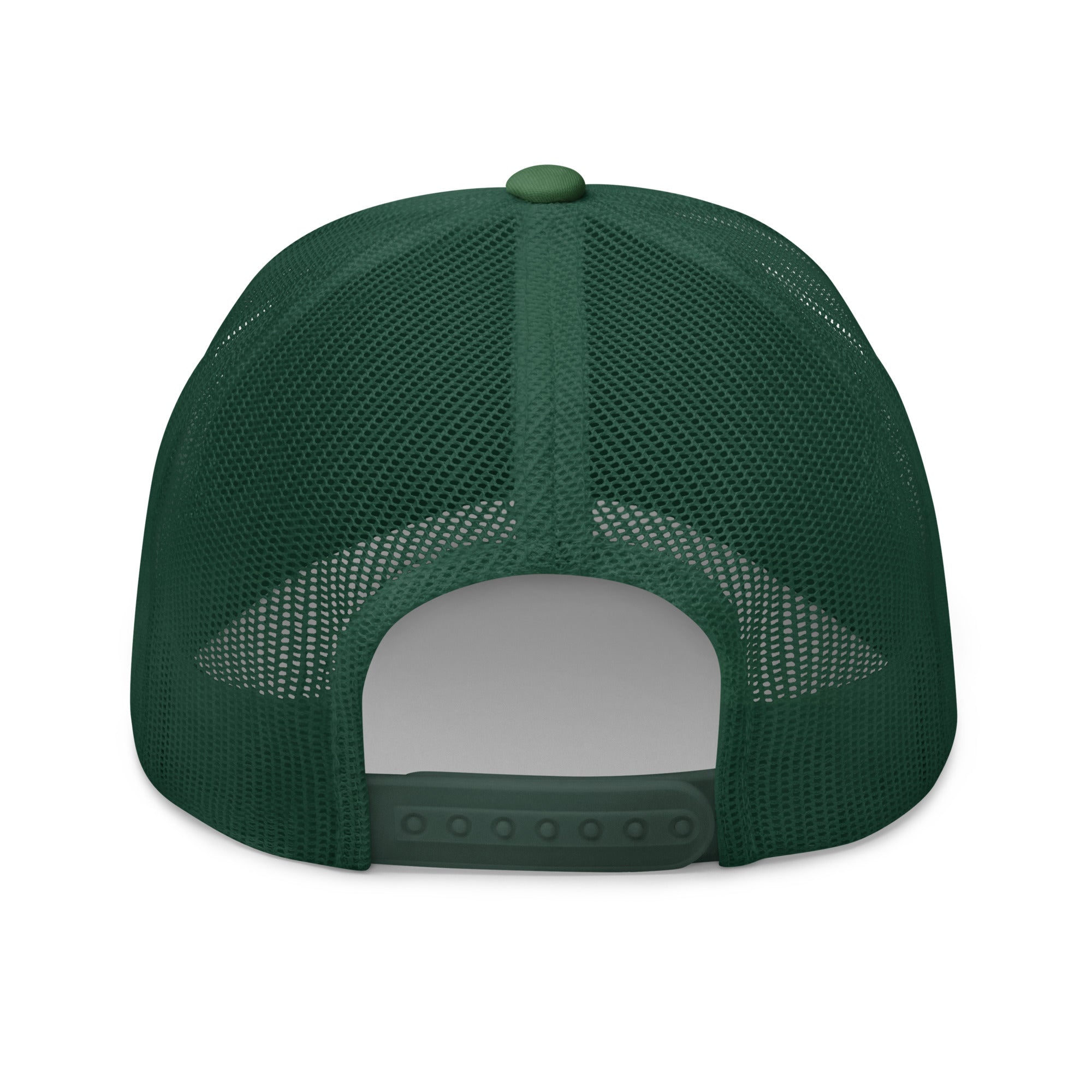 Rear view of green truckers hat with adjustable snapback closure