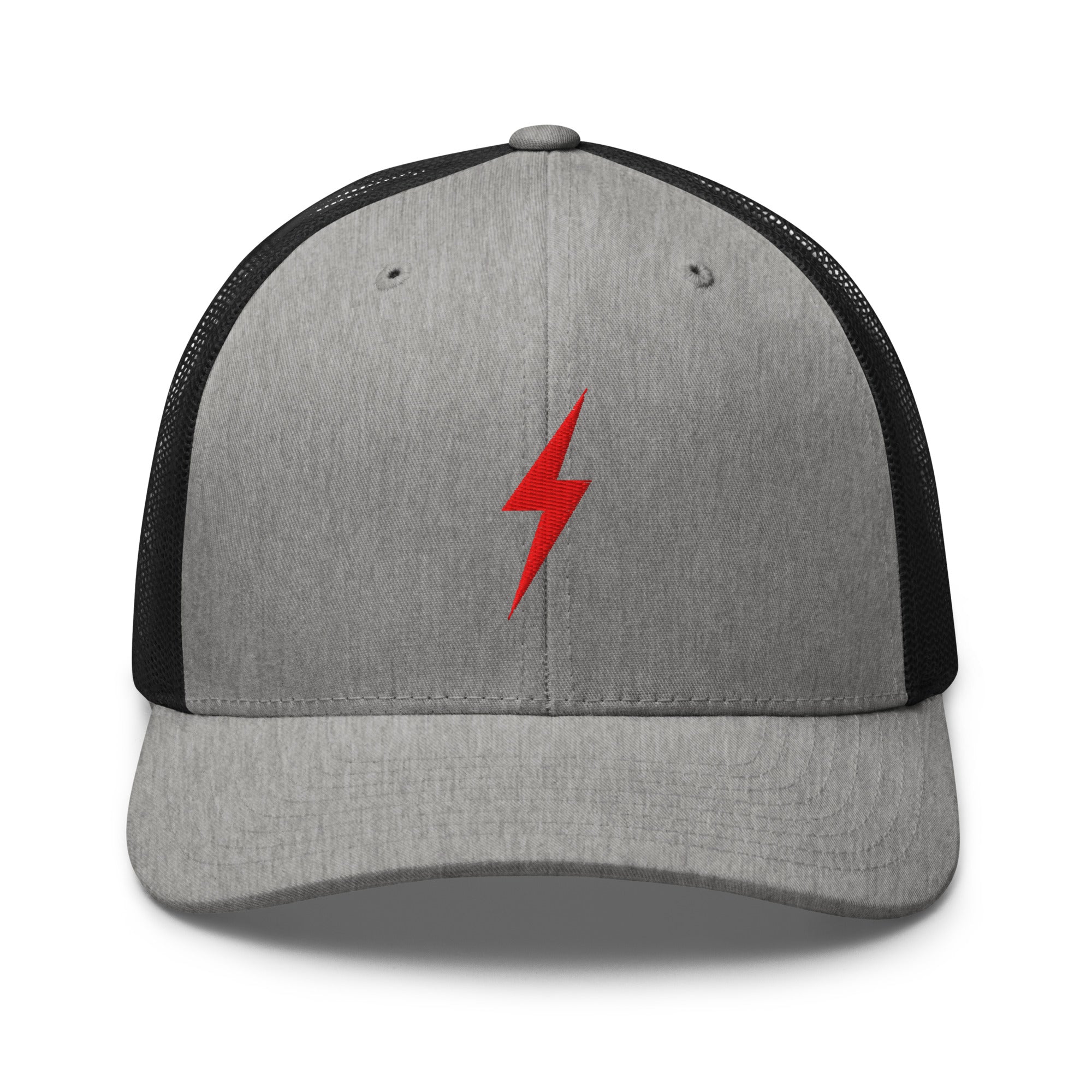 Grey and black trucker hat with a red lightning bolt design on front panel