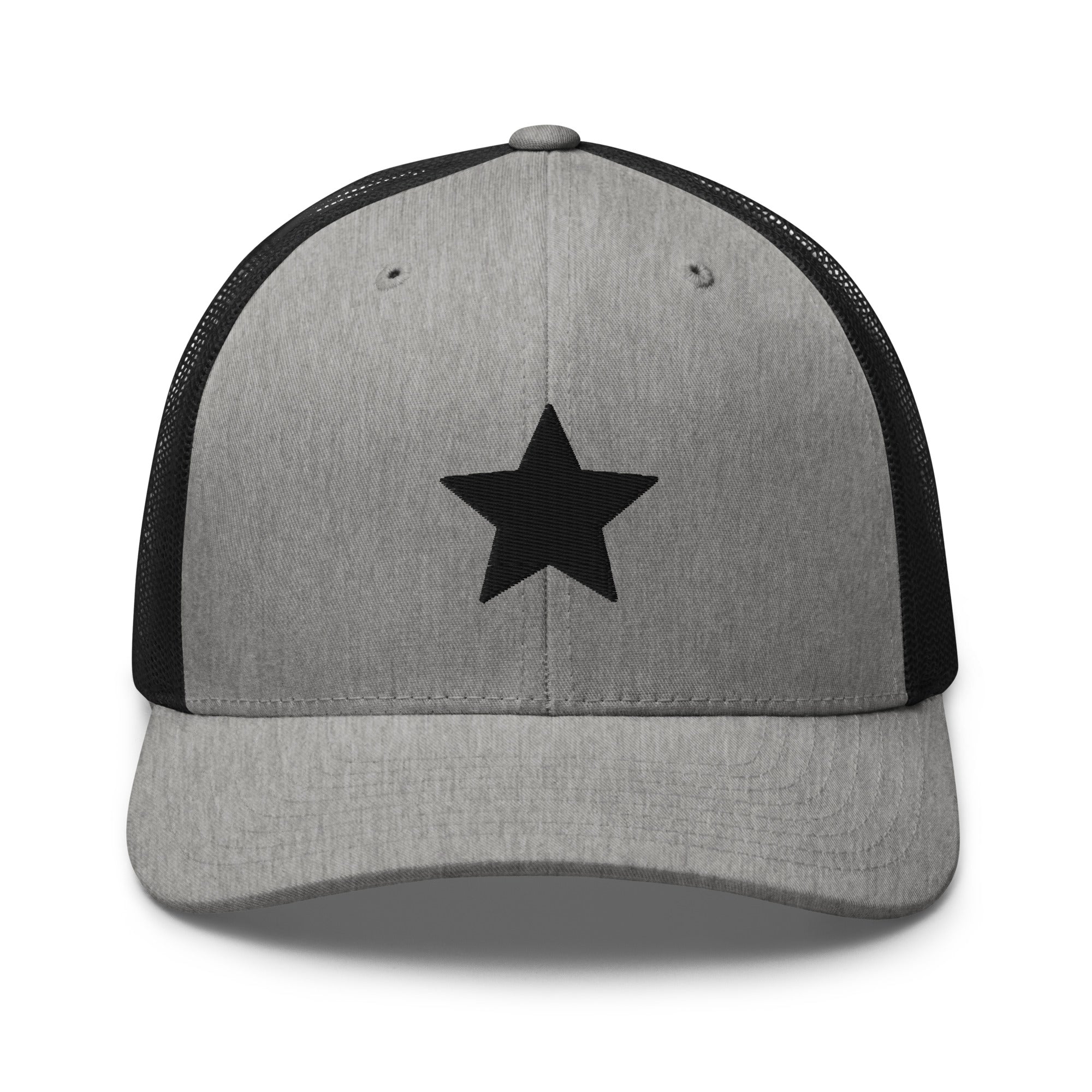 Grey and black truckers cap with an embroidered black star, structured front, mesh back, and adjustable fit by Kicks Shoelaces