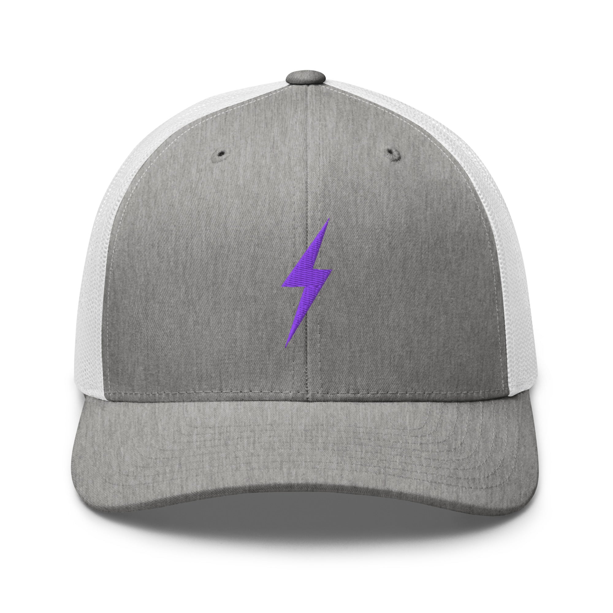 Grey and white trucker hat with a purple lightning bolt design on front panel