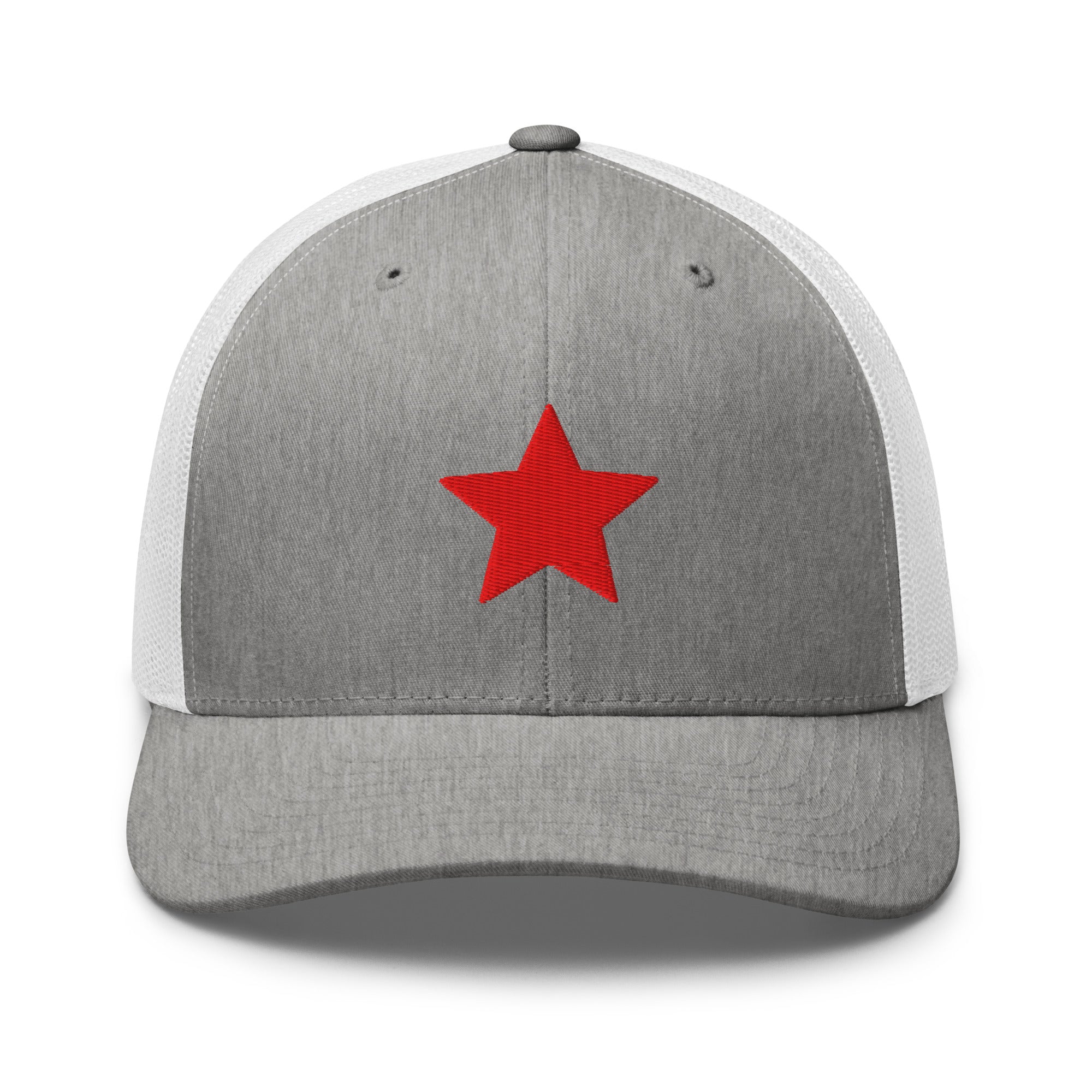 Grey and white truckers hat with an embroidered red star, structured front, mesh back, and adjustable fit by Kicks Shoelaces