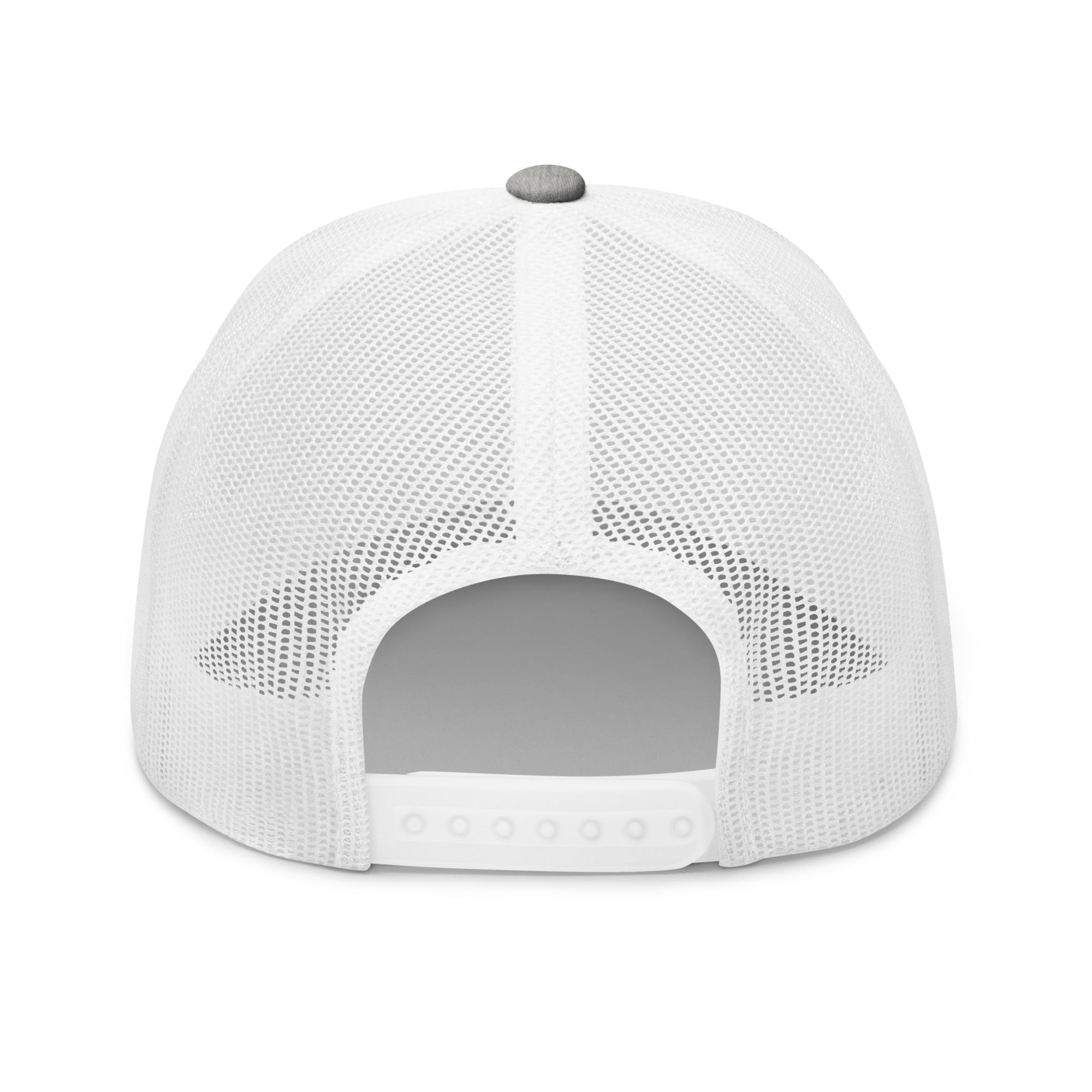 Rear view of grey and white hat with adjustable snapback closure