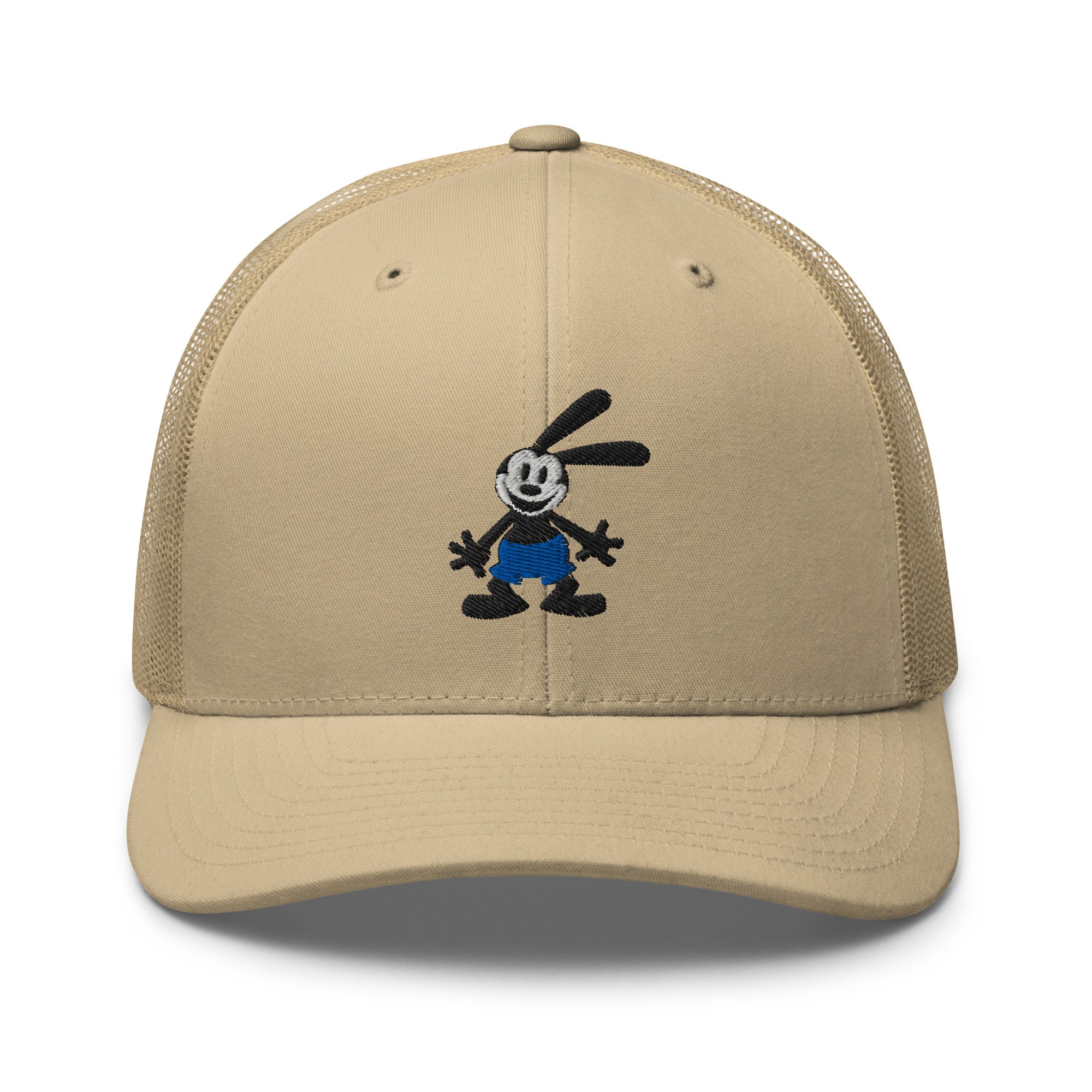 Khaki retro trucker hat featuring a 1928 Oswald design from Disney’s early animation era
