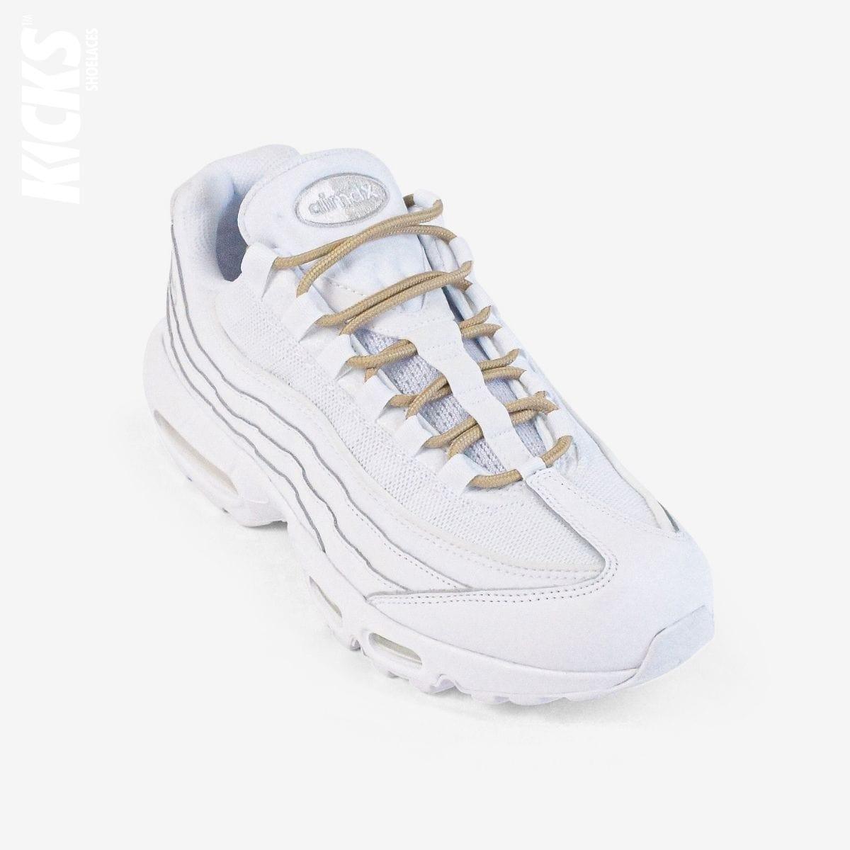 Khaki round shoestrings on white sneakers by Kicks Shoelaces